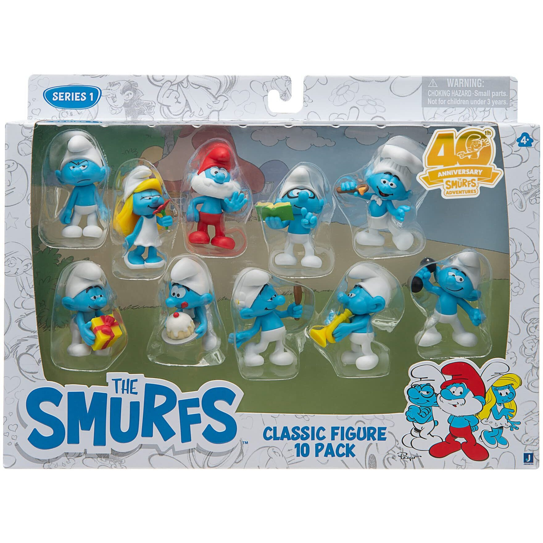 The Smurfs 40Th Anniversary Classic Figure 10 Pack - Features 2-Inch Smurfette, Grouchy, Greedy, Papa Smurf, Brainy, Hefty, Vanity, Harmony, Jokey, Chef - Authentic Details, Gold
