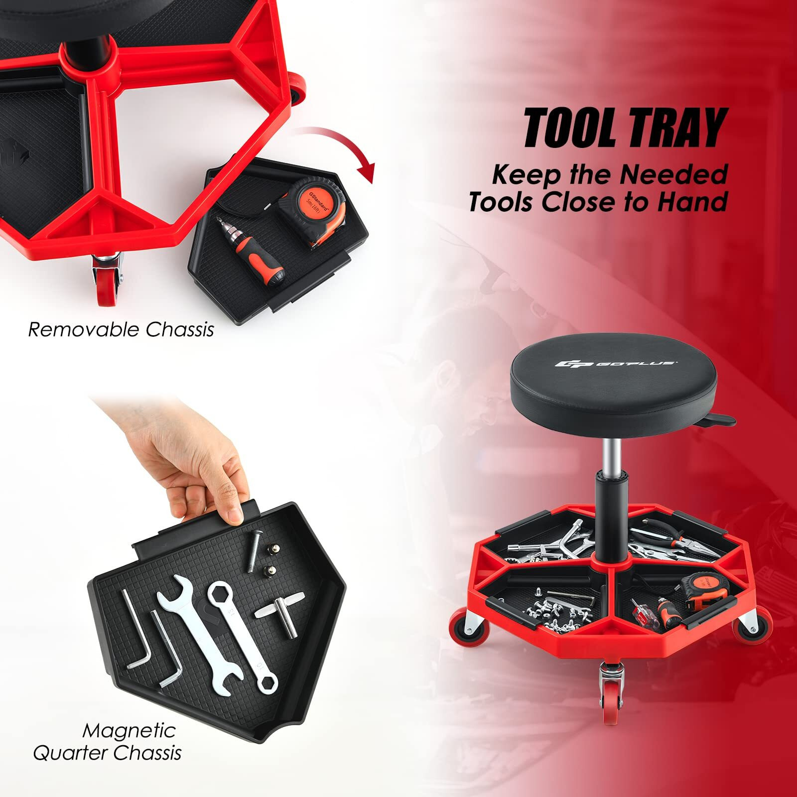 Goplus Rolling Mechanic Stool, Adjustable Pneumatic Shop Stool Creeper Seat With Removable Magnetic Tool Tray, Padded Cushion, Universal Wheels, Round Garage Workshop Chair, 330 Lbs Max Capacity