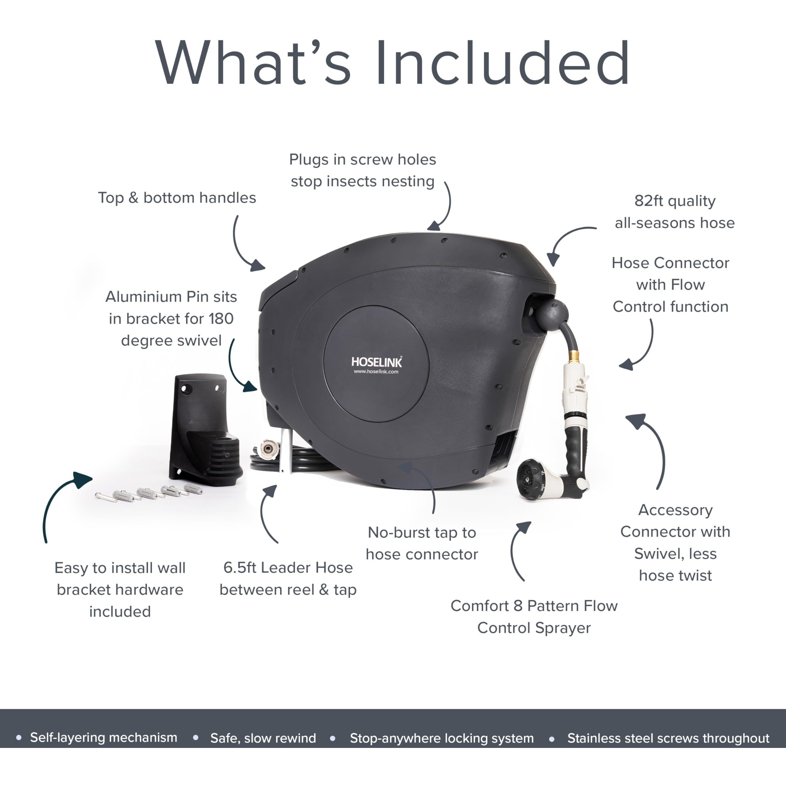 Hoselink Beige 50Ft Automatic Retractable Garden Hose Reel, 9/16   , 8-Pattern Spray Nozzle, Uv-Stabilized Kink-Free Hose, Wall Mounted Complete Watering Solution For Backyard, Garden & Outdoor