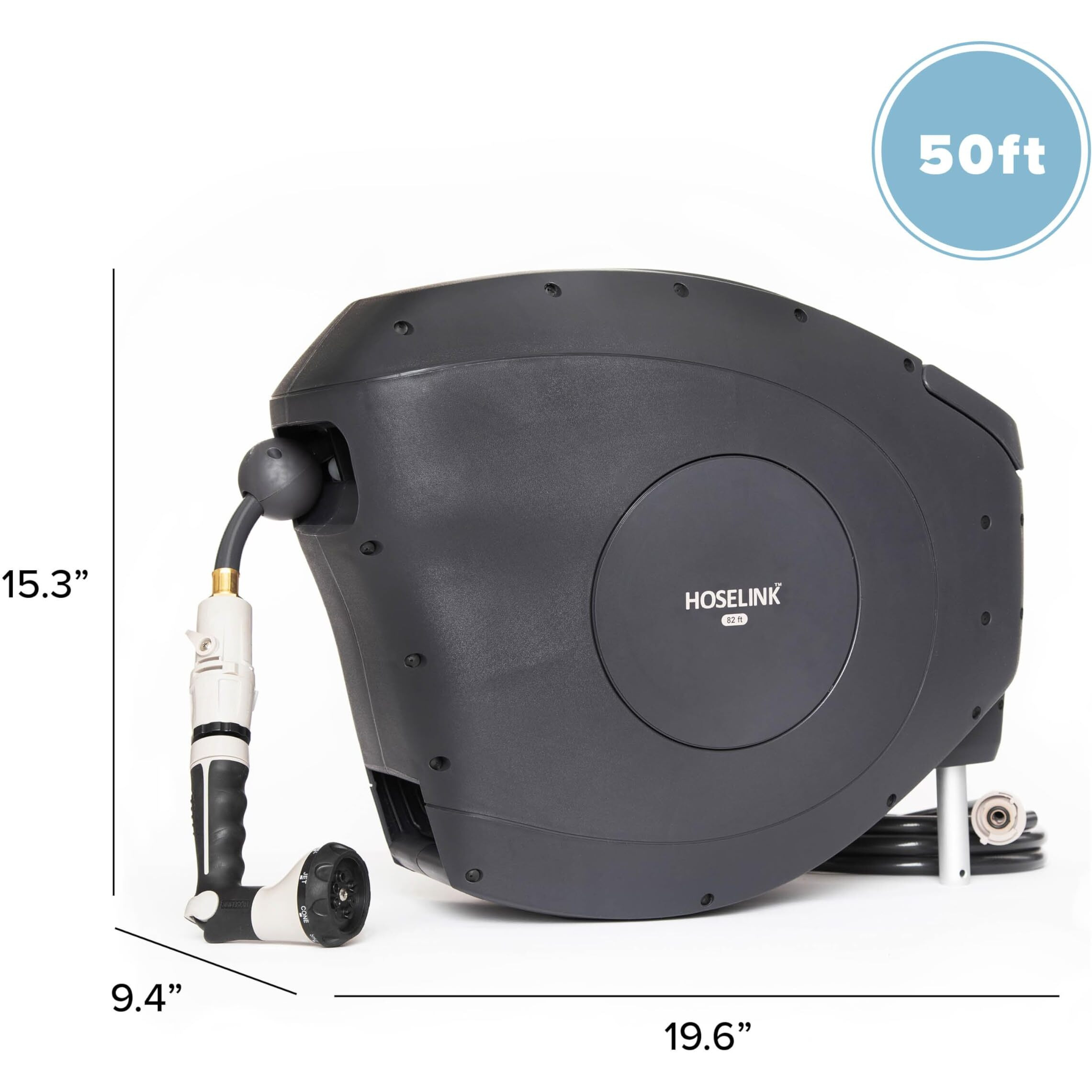 Hoselink Beige 50Ft Automatic Retractable Garden Hose Reel, 9/16   , 8-Pattern Spray Nozzle, Uv-Stabilized Kink-Free Hose, Wall Mounted Complete Watering Solution For Backyard, Garden & Outdoor