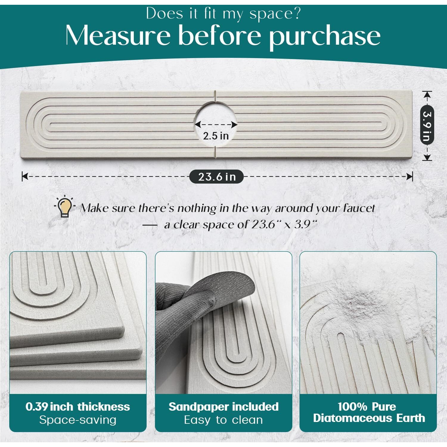 Faucet Mat For Kitchen Sink - 24'' Long Diatomite Fast Drying Stone Sink Tray, Super Absorbent, Prevents Moisture Buildup - Faucet Splash Guard For Bathroom Counter [Light Grey, Includes Sandpaper]