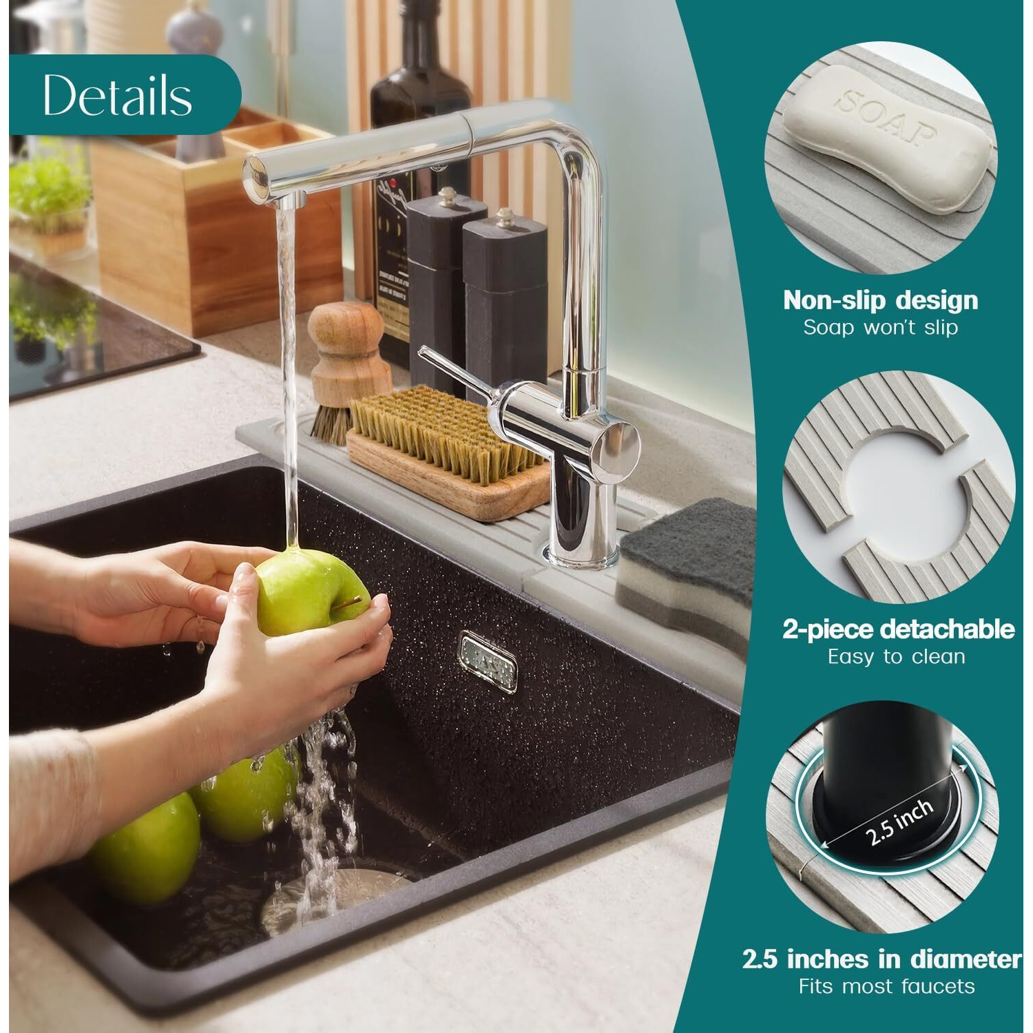 Faucet Mat For Kitchen Sink - 24'' Long Diatomite Fast Drying Stone Sink Tray, Super Absorbent, Prevents Moisture Buildup - Faucet Splash Guard For Bathroom Counter [Light Grey, Includes Sandpaper]