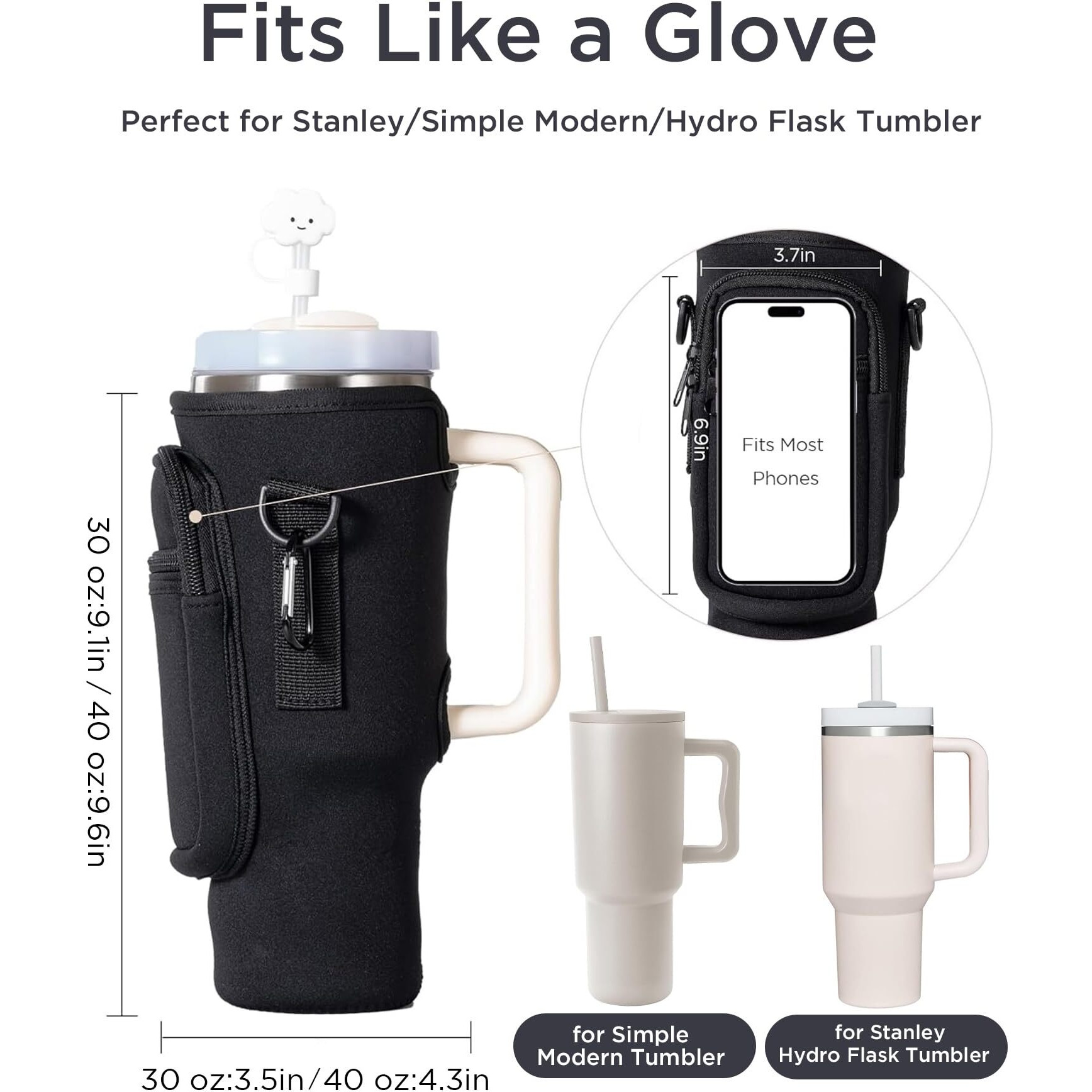 Dabria Water Bottle Carrier Bag With Phone Pocket For Stanley 40/30 Oz Tumbler Neoprene Water Bottle Holder Pouch With Adjustable Strap Bollus With Straw Cover & Carabiner For Stanley Cup Accessories