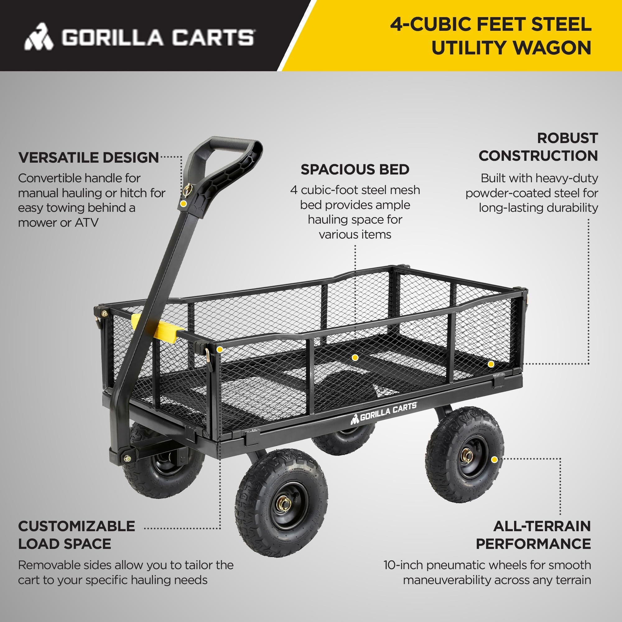 Gorilla Carts Steel Utility Cart, 4 Cubic Feet Heavy Duty Garden Wagon Outdoor Moving Cart With Wheels, 900 Pound Capacity, Removable Sides, Gray