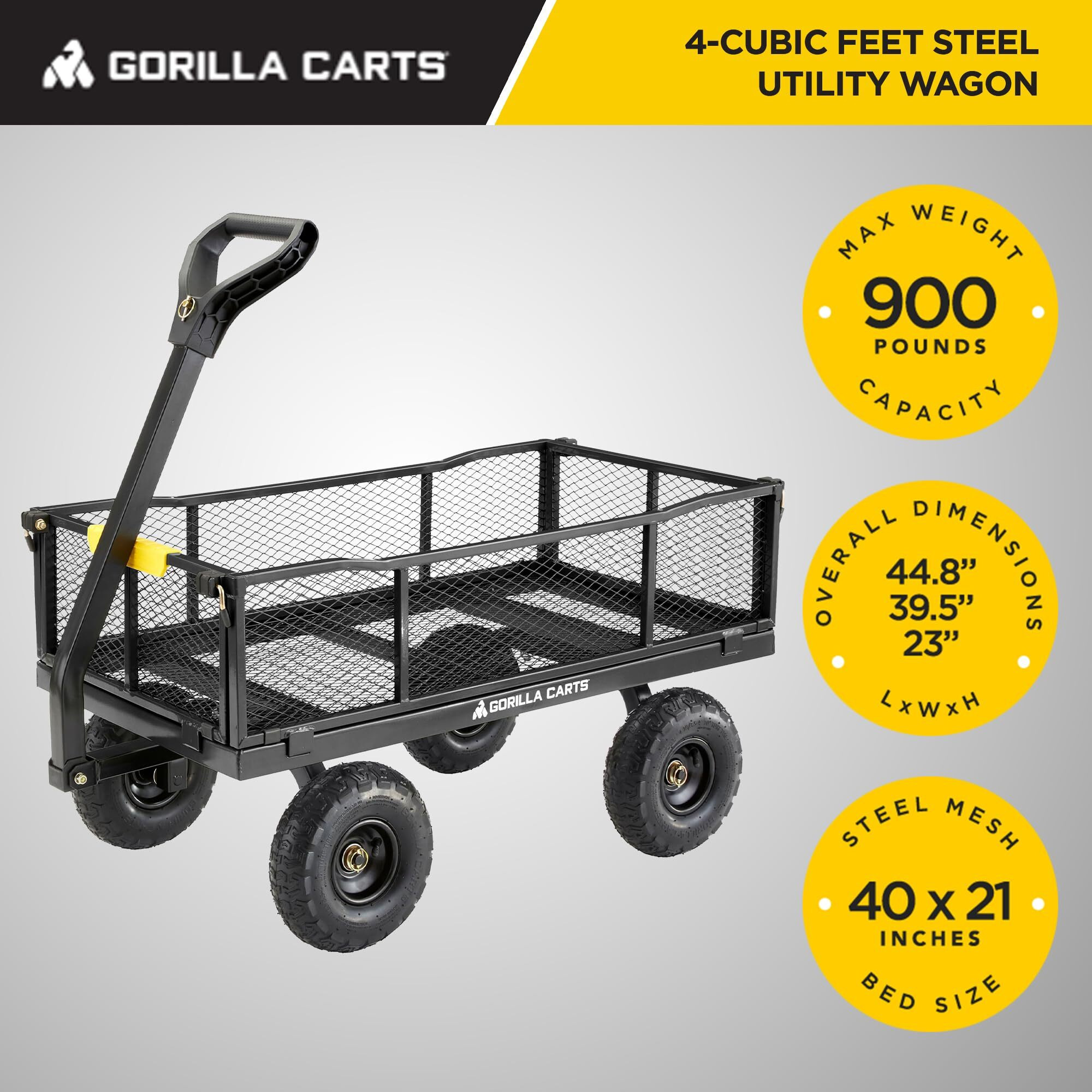 Gorilla Carts Steel Utility Cart, 4 Cubic Feet Heavy Duty Garden Wagon Outdoor Moving Cart With Wheels, 900 Pound Capacity, Removable Sides, Gray