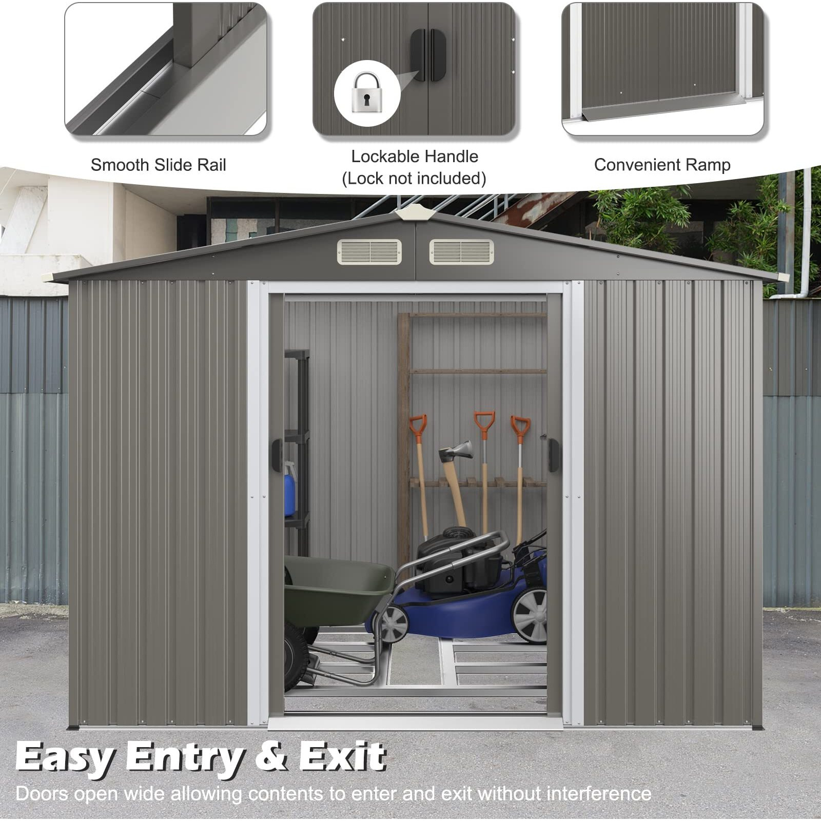 Ironmax Outdoor Storage Shed With Floor, 8X6 Ft Galvanized Steel Large Garden Shed W/Lockable Sliding Doors & Air Vent, Heavy Duty Tool Storage House For Backyard Patio Lawn