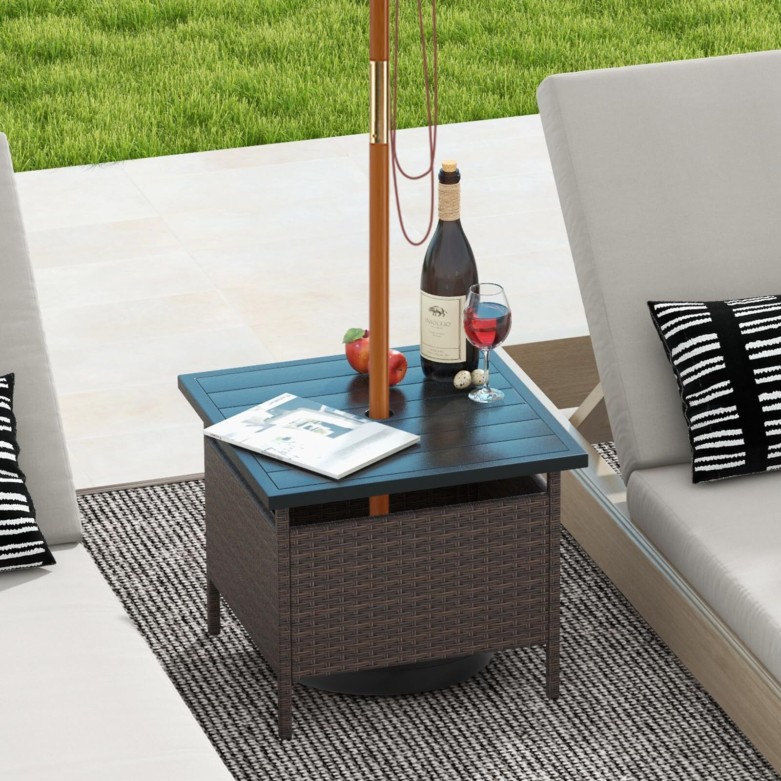 Giantex Umbrella Table, Outdoor Side Table With 2 "" Umbrella Hole, Rattan Umbrella Stand Holder, Heavy Duty Metal Frame, Patio Bistro Table For Deck Garden Poolside (Hdpe Tabletop)