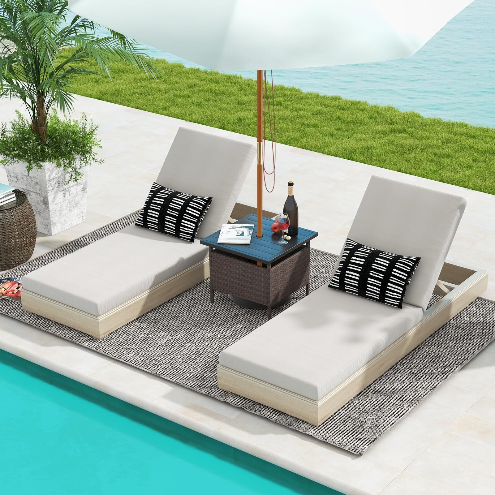 Giantex Umbrella Table, Outdoor Side Table With 2 "" Umbrella Hole, Rattan Umbrella Stand Holder, Heavy Duty Metal Frame, Patio Bistro Table For Deck Garden Poolside (Hdpe Tabletop)