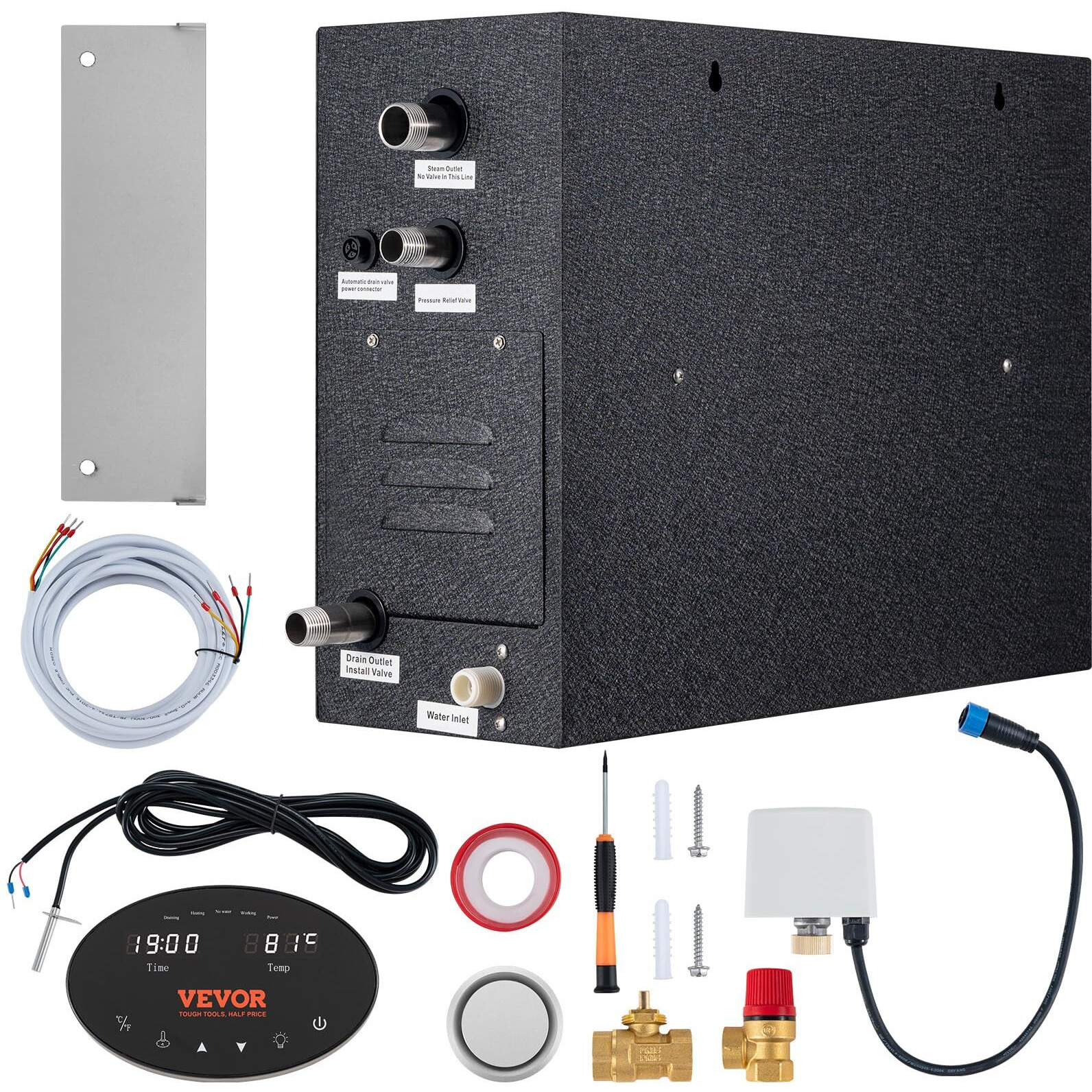 Vevor Steam Shower Generator, 15 Kw, Segmented Heating & Temperature Customization & 24H Timer Steam Bath Kit, Automatic Drainage Luxury Home Steam Shower System, Acrylic Room Max. 530 Cu. Ft.