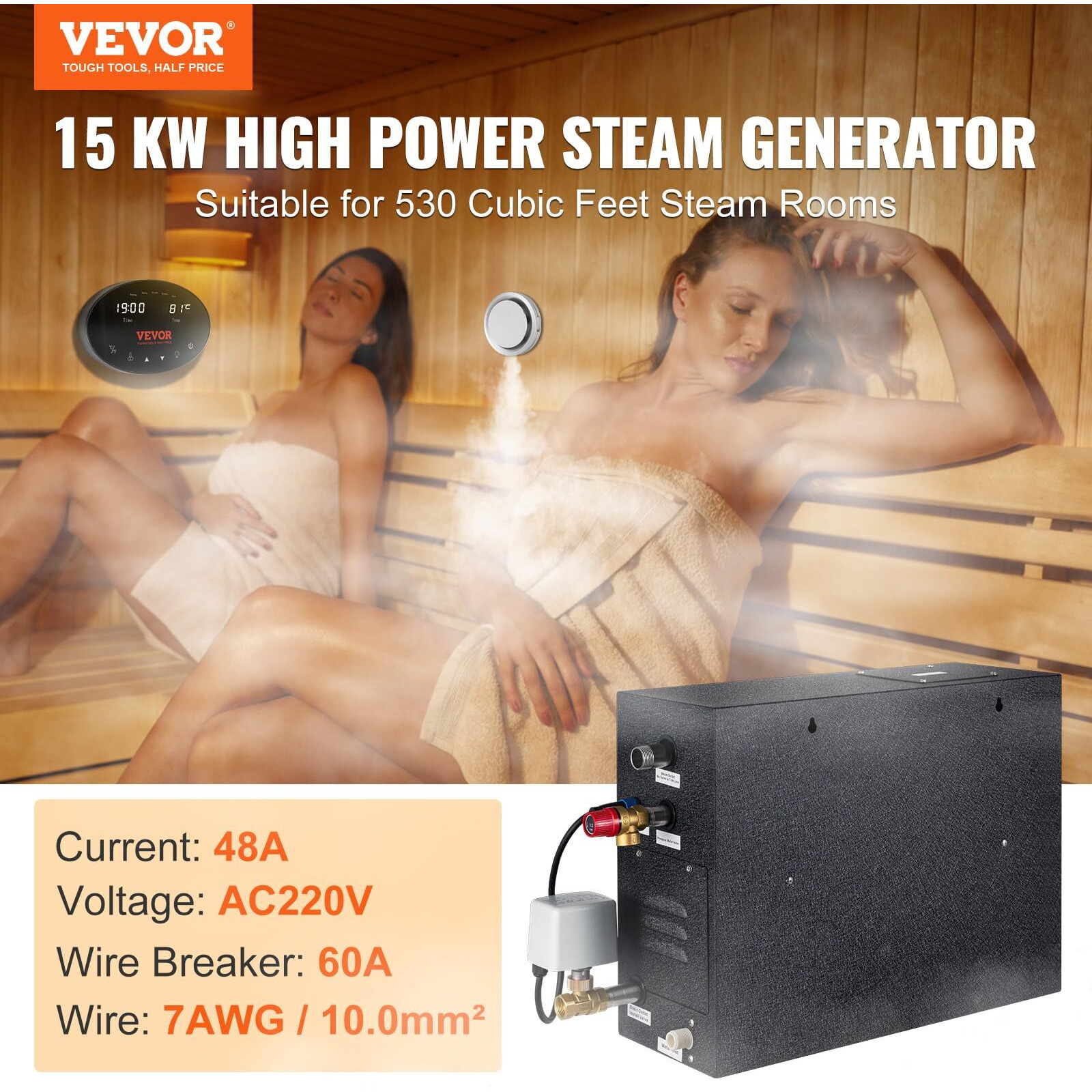 Vevor Steam Shower Generator, 15 Kw, Segmented Heating & Temperature Customization & 24H Timer Steam Bath Kit, Automatic Drainage Luxury Home Steam Shower System, Acrylic Room Max. 530 Cu. Ft.