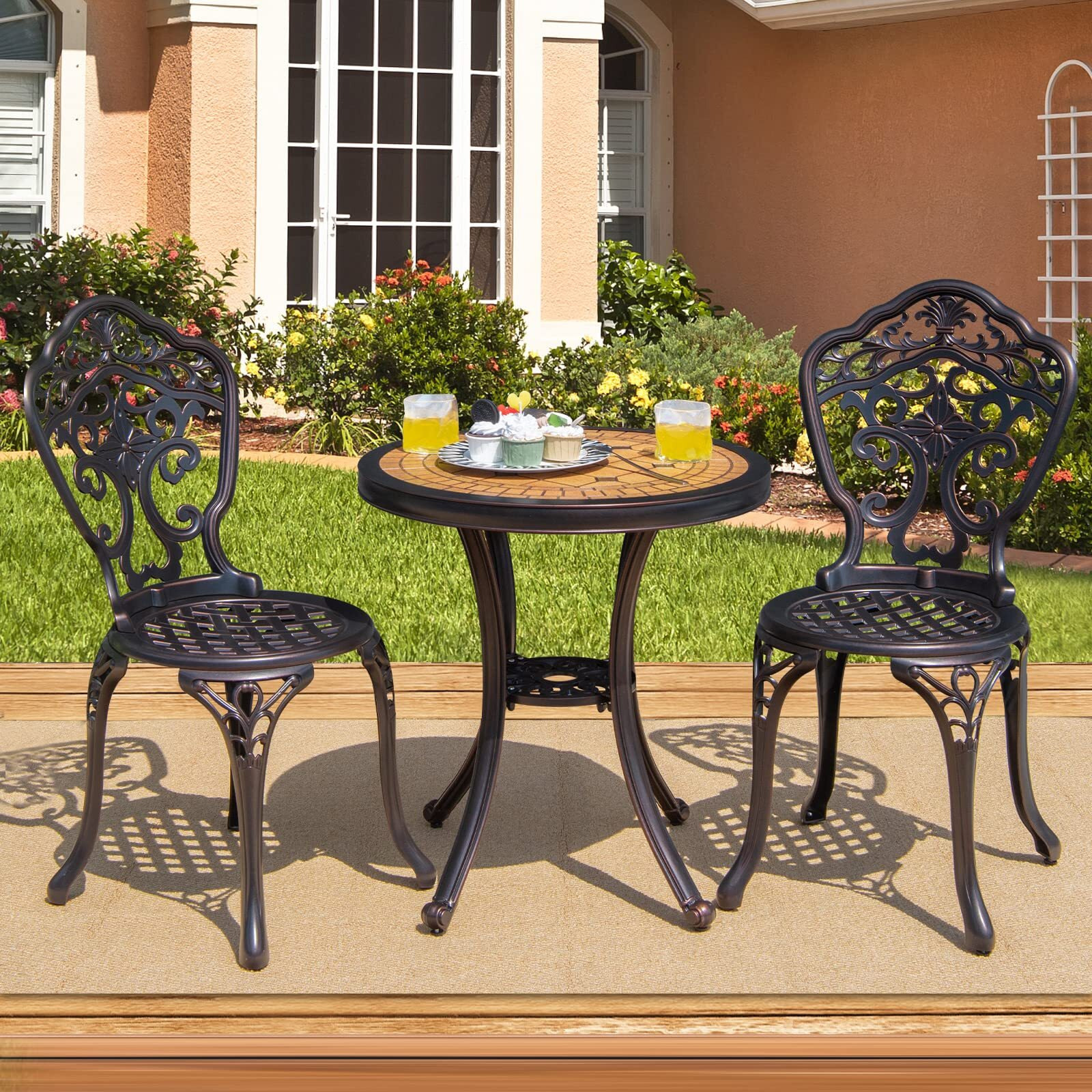 Tangkula 3 Pieces Patio Bistro Set, Cast Aluminum Outdoor Table And Chairs Set, Outdoor Round Bistro Table And Chairs Furniture For Porch, Balcony, Yard, Lawn, Poolside