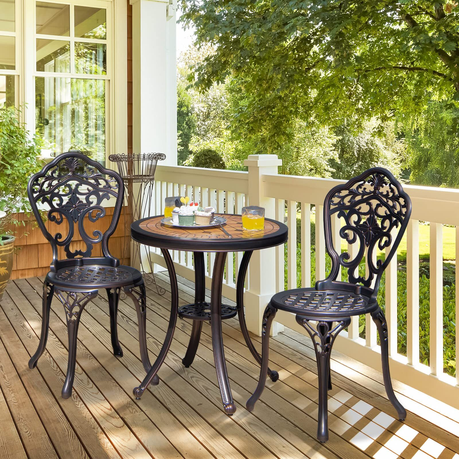 Tangkula 3 Pieces Patio Bistro Set, Cast Aluminum Outdoor Table And Chairs Set, Outdoor Round Bistro Table And Chairs Furniture For Porch, Balcony, Yard, Lawn, Poolside