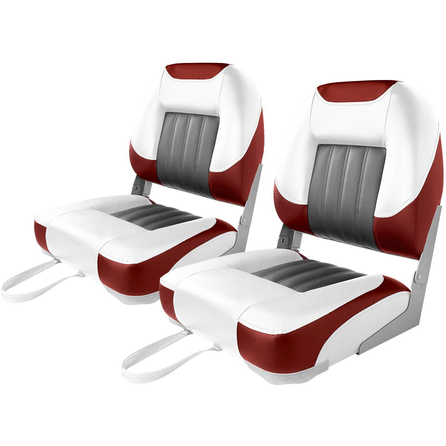 Xgear Deluxe Low Back Boat Seat, Fold-Down Fishing Boat Seat (2 Seats) (White/Grey/Red)