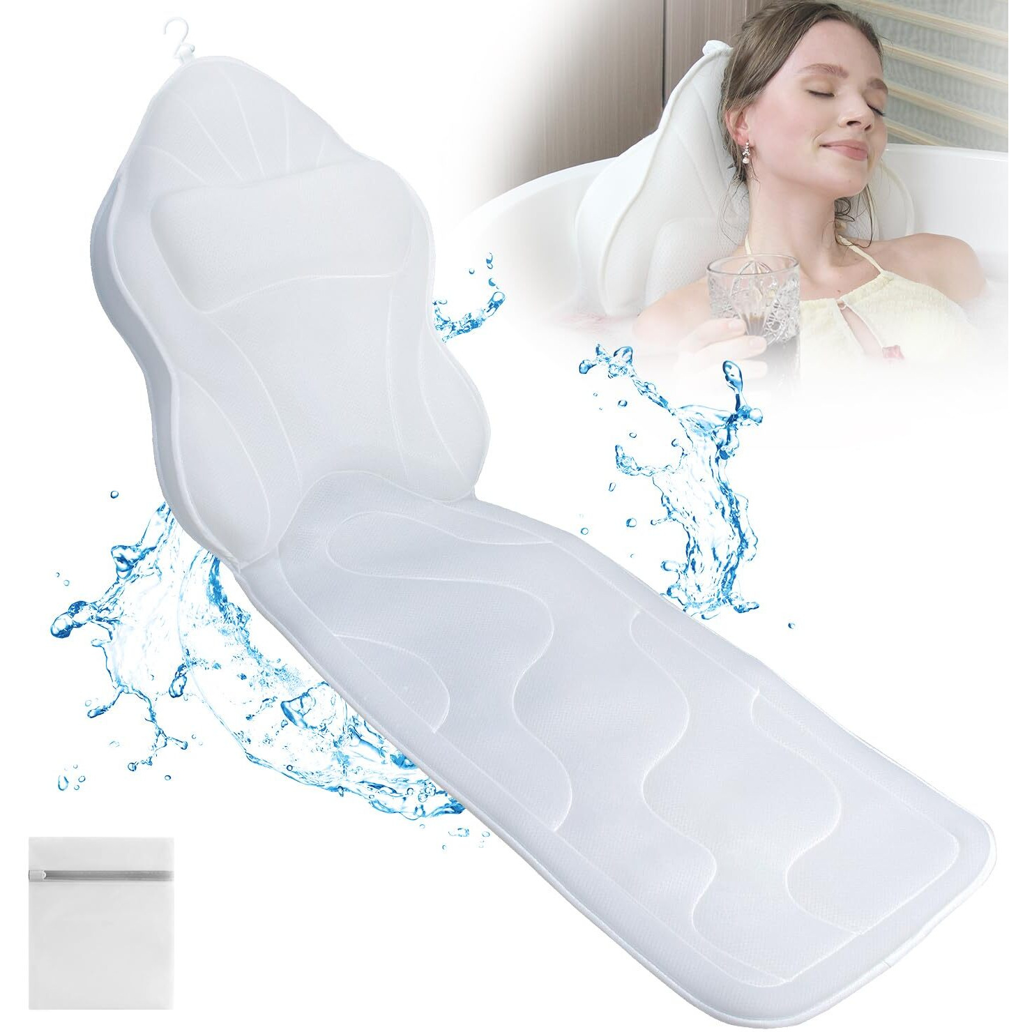 Poemland Luxury Thick Full Body Bath Pillows Mat & Cushion For Bathtub Headrest Neck Shoulder Support Comfort Relaxation Spa Accessories Perfect For A Spa Soak In Bathtub (White)
