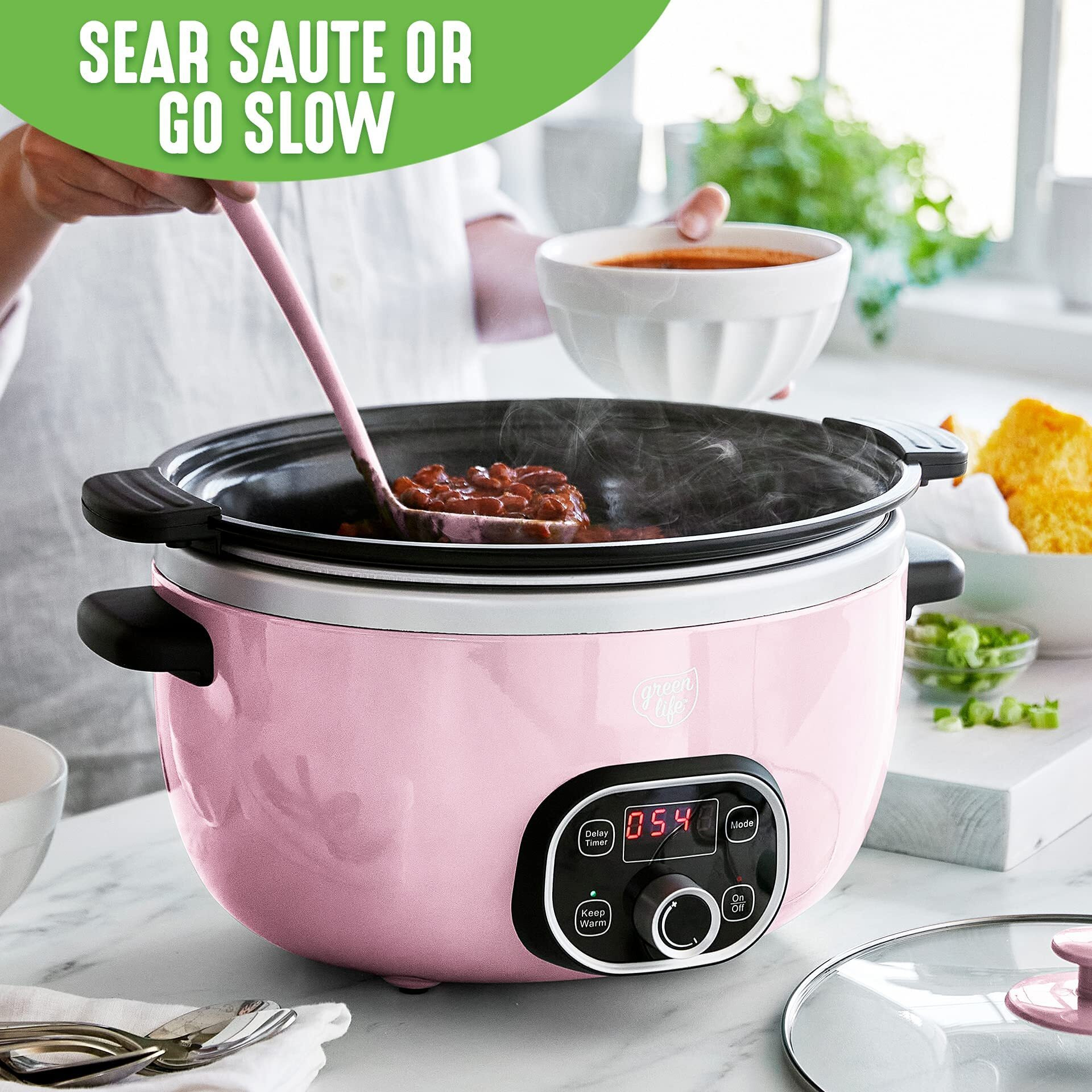 Greenlife Cook Duo Healthy Ceramic Nonstick Programmable 6 Quart Family-Sized Slow Cooker, Pfas-Free, Removable Lid And Pot, Digital Timer, Adjustable Temperature Control, Dishwasher Safe Parts, Pink