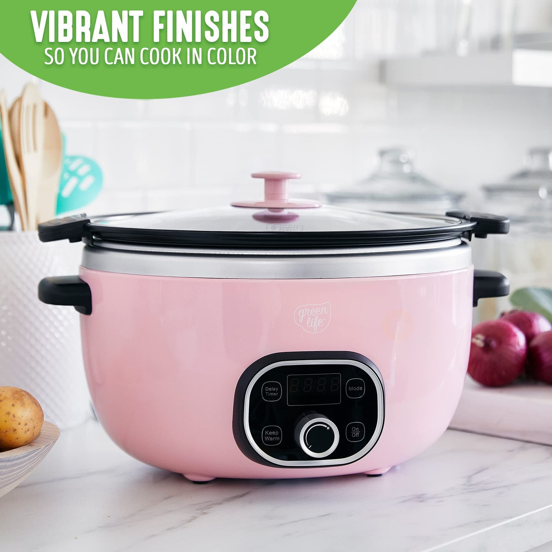 Greenlife Cook Duo Healthy Ceramic Nonstick Programmable 6 Quart Family-Sized Slow Cooker, Pfas-Free, Removable Lid And Pot, Digital Timer, Adjustable Temperature Control, Dishwasher Safe Parts, Pink