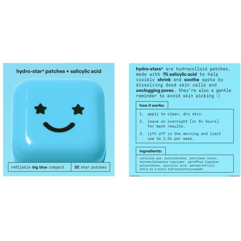 Starface Hydro-Star + Salicylic Acid Pimple Patches And Big Blue Compact, Helps Shrink And Soothe Deeper Spots, Cute Star Shape, Vegan, 32 Count