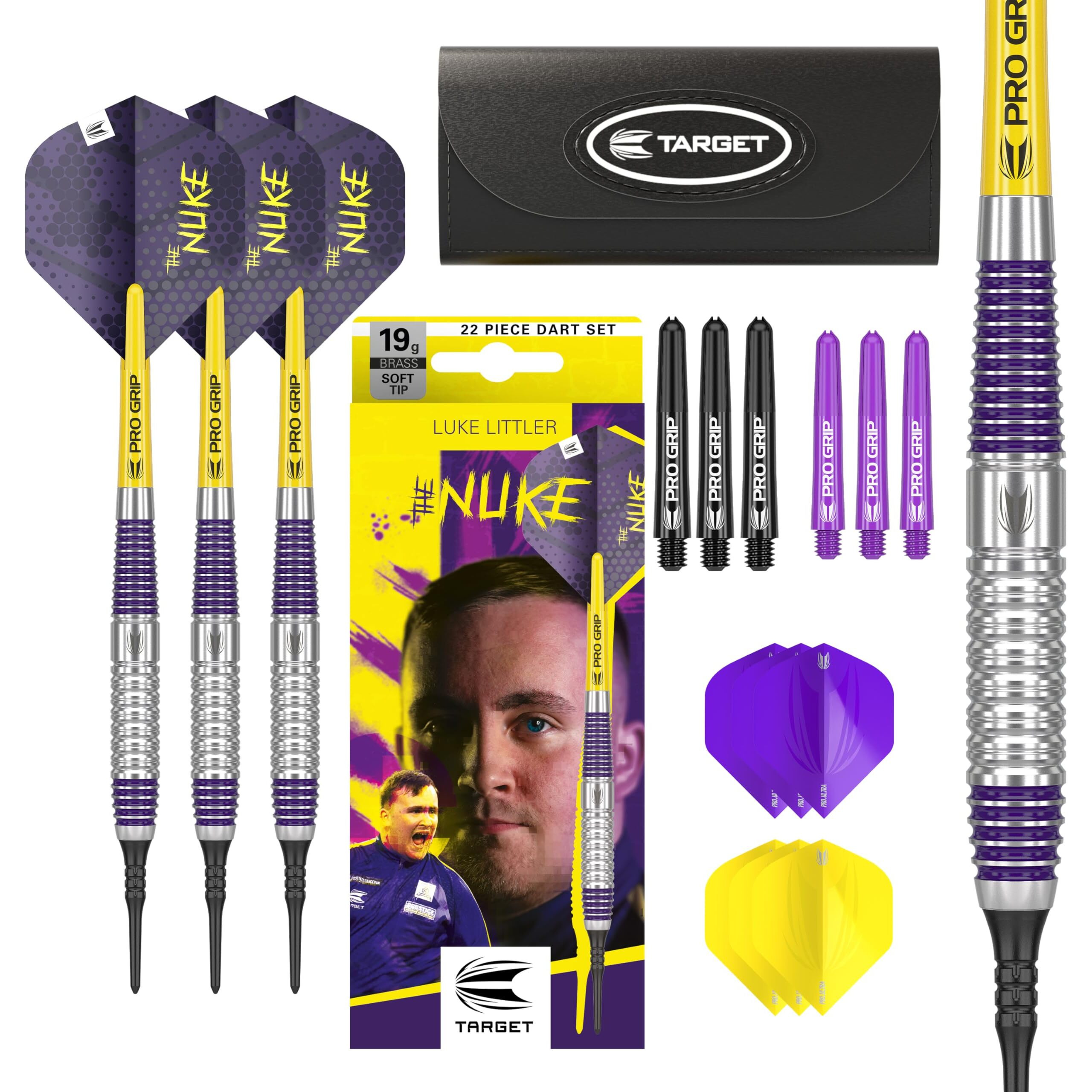 Target Darts Luke Littler Brass Soft Tip Darts Set - 19G Soft Tip Dart, The Nuke Player Edition Dart Set, Dart Accessories