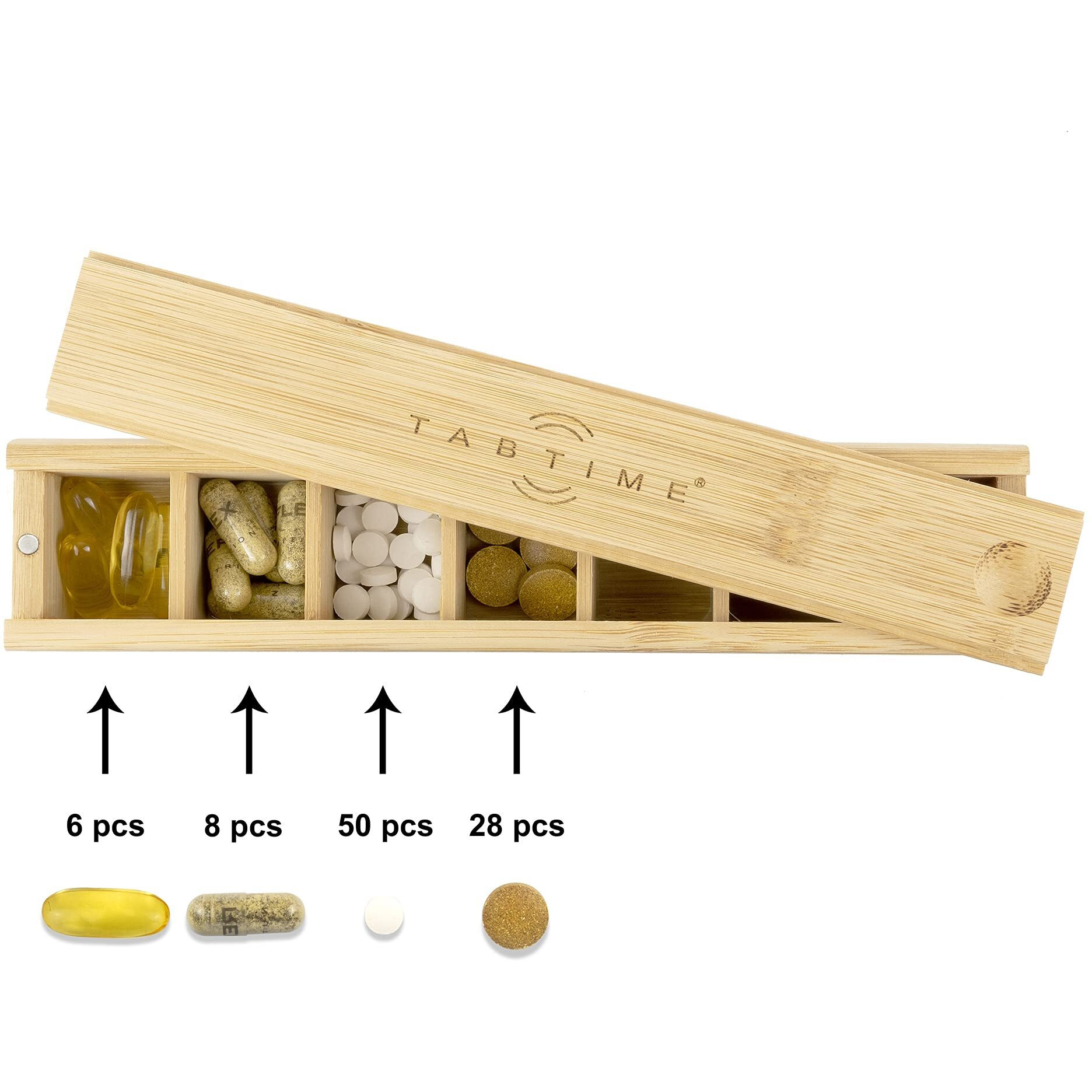 Tabtime Bamboo Weekly Pill Organizer, 7 Day Tablet Organizer, Perfect As A Vitamin Or Supplement Organizer