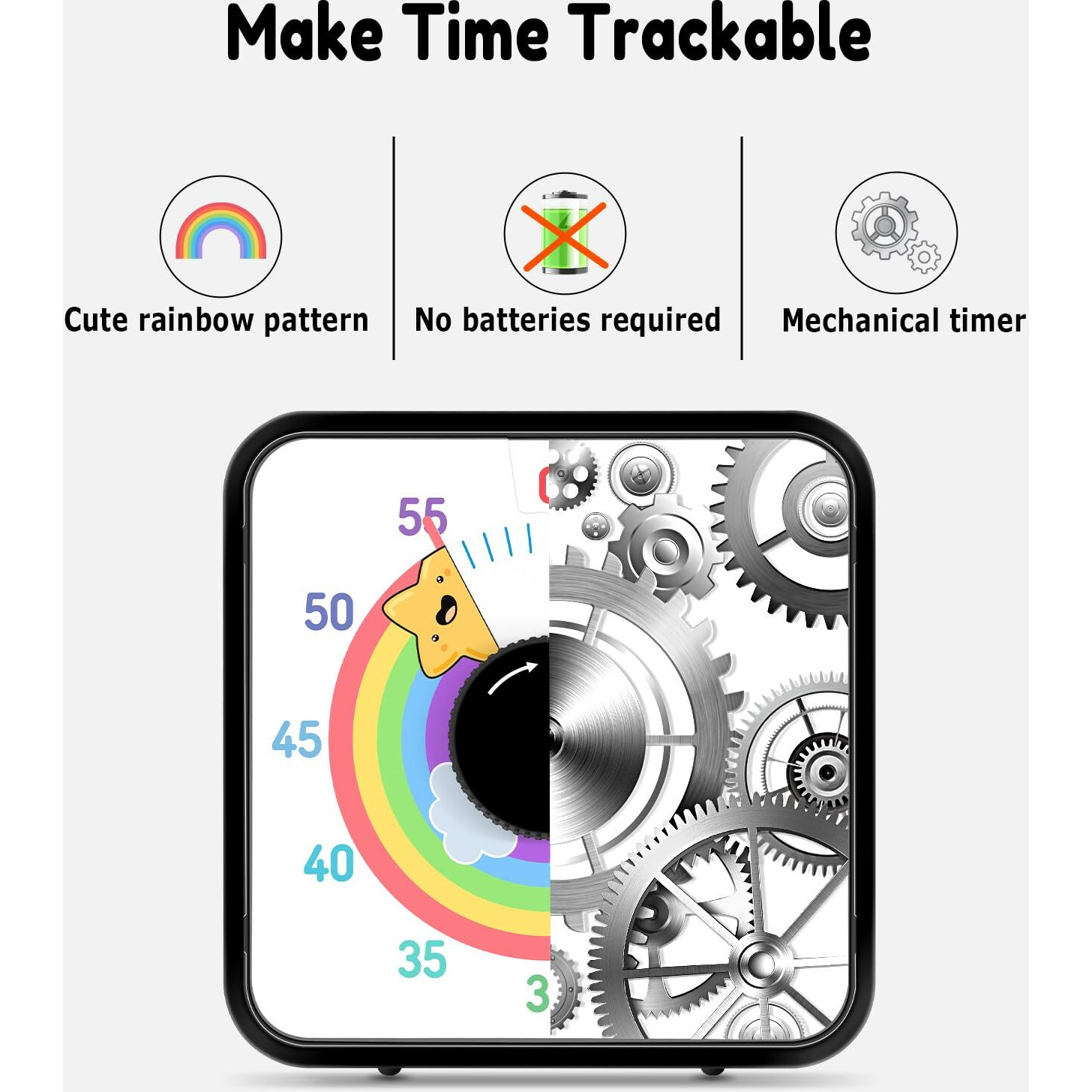 Secura 60-Minute Visual Timer, 7.5 Inch Magnetic Rainbow Countdown Timer For Classroom Or Kitchen, Durable Mechanical Timer Clock With Magnetic Backing (Black & Star)