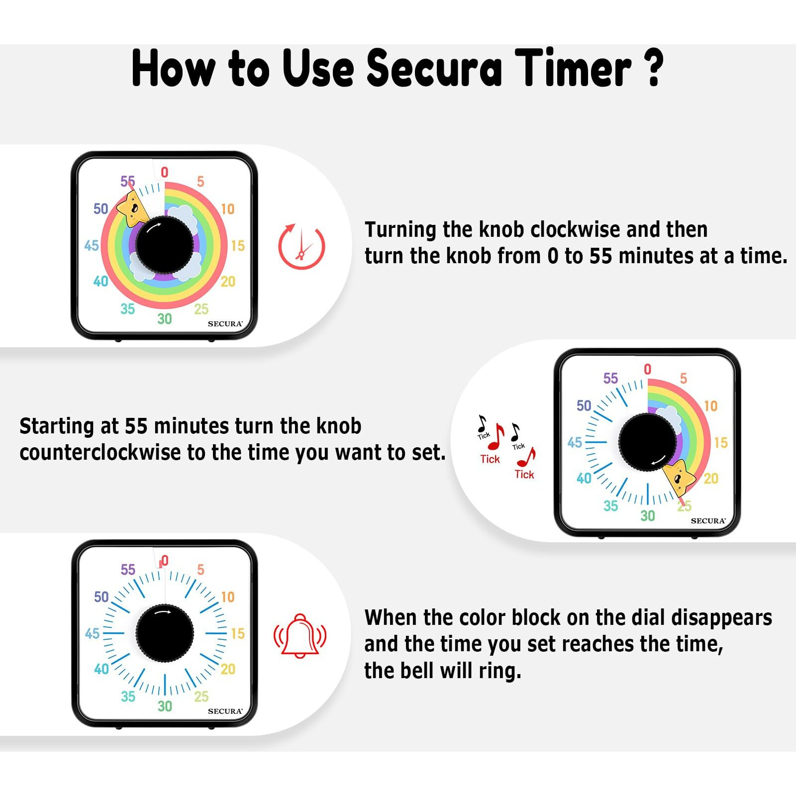 Secura 60-Minute Visual Timer, 7.5 Inch Magnetic Rainbow Countdown Timer For Classroom Or Kitchen, Durable Mechanical Timer Clock With Magnetic Backing (Black & Star)