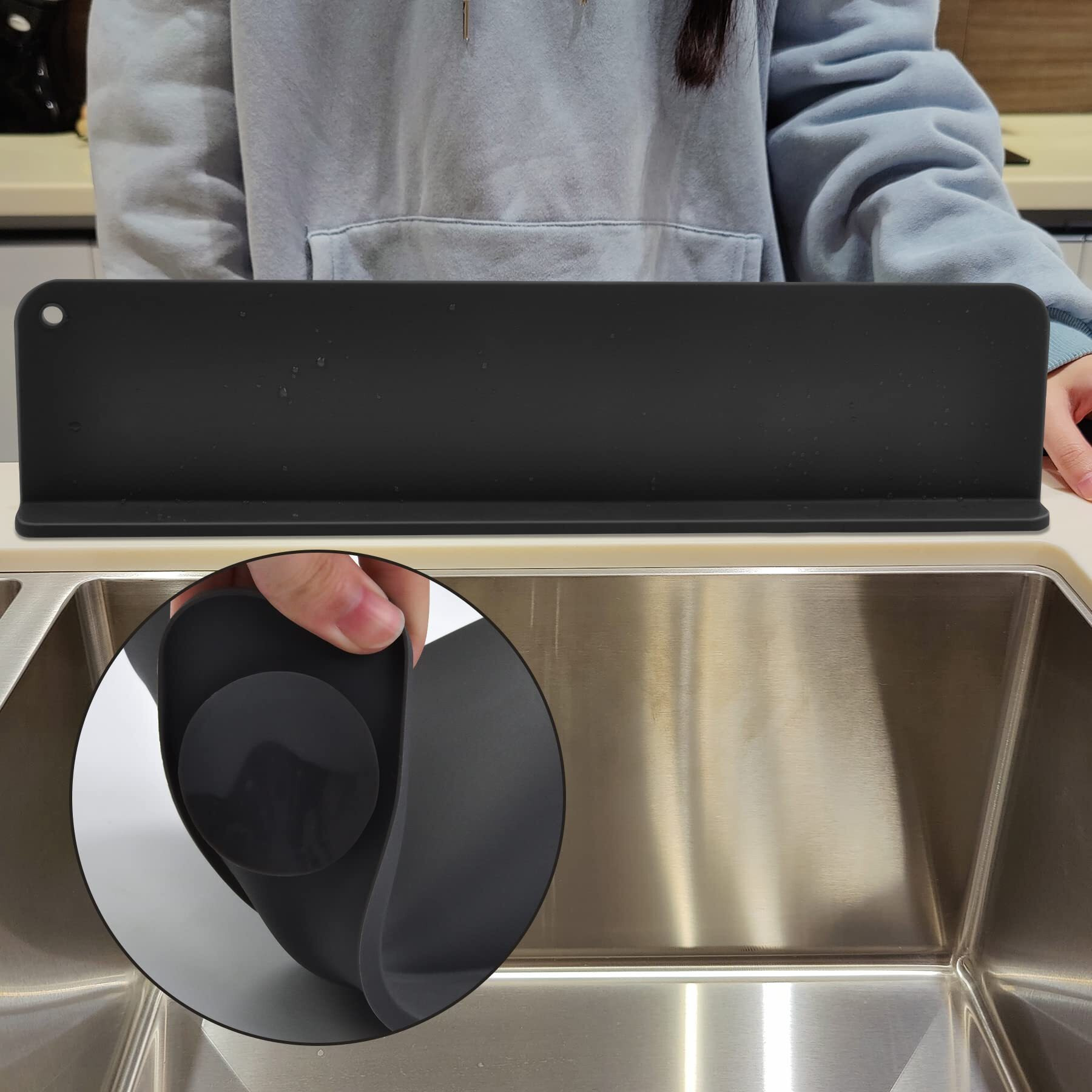 Silicone Sink Splash Guard, Sink Splash Guard With Suction Cup, Kitchen Sink Splash Guard That Can Be Placed Behind The Sink, Sink Splash Guard(17.3 X 4.1 Inch Black)