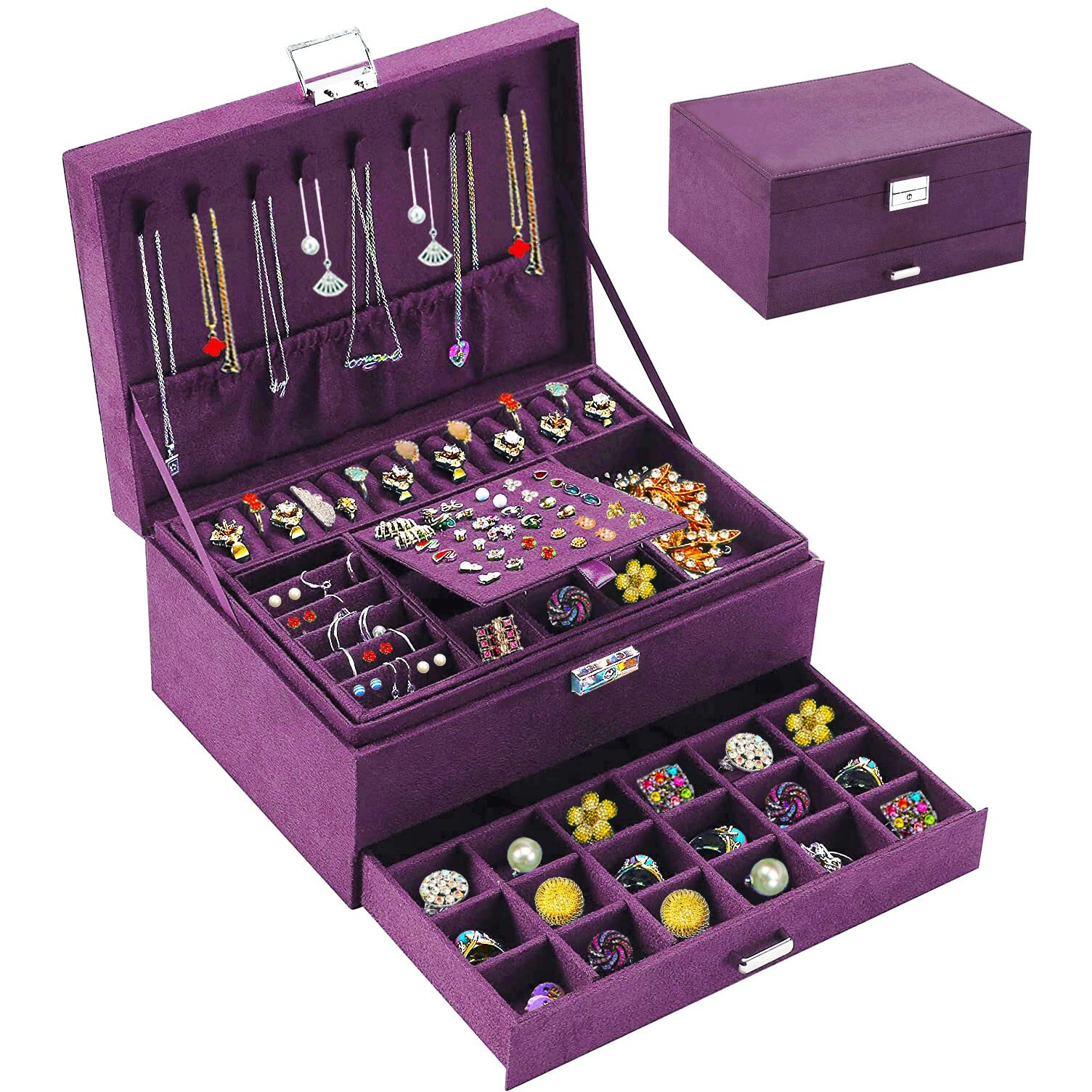 Qbestry Jewelry Boxes For Women Purple Velvet Jewelry Organizer With Lock,Large Jewelry Box Organizer For Women Earring Jewelry Holder Organizer Jewelry Box For Necklaces And Earrings Rings Bracelets
