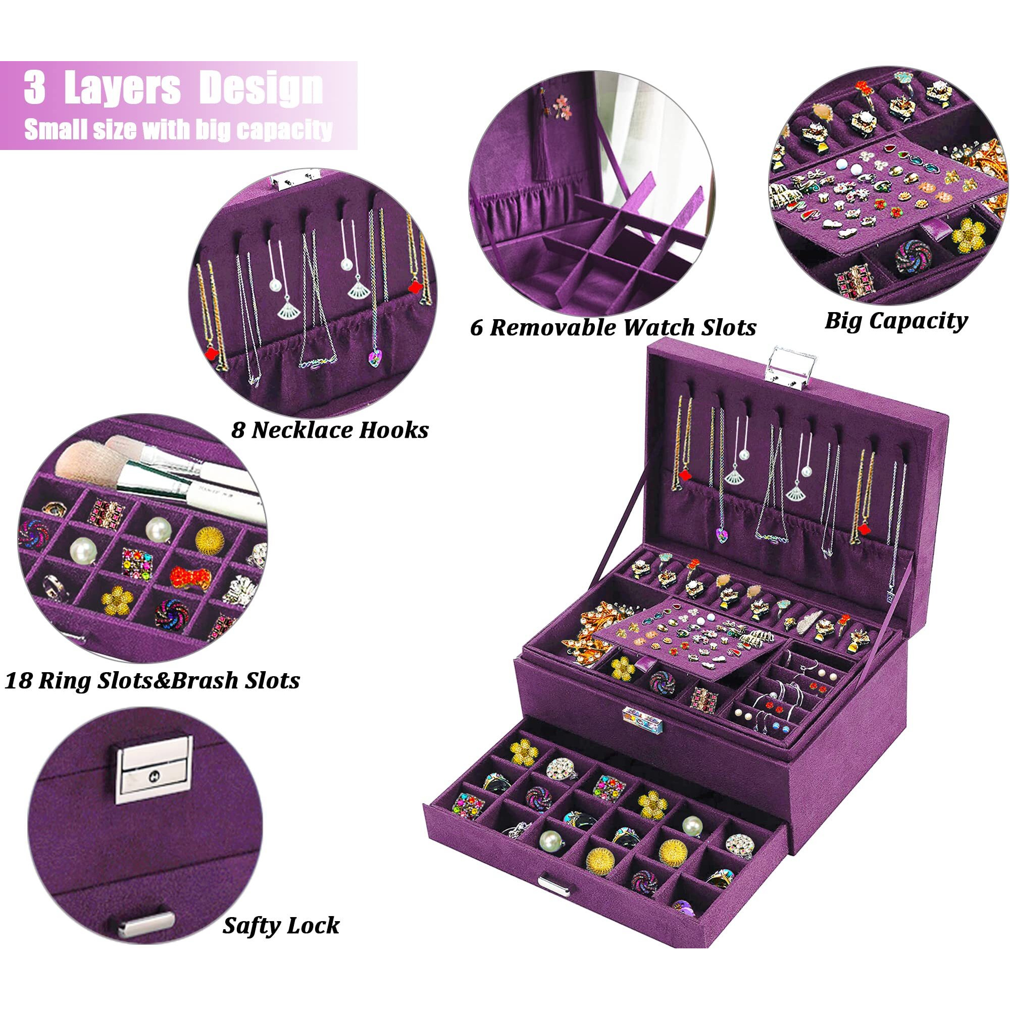 Qbestry Jewelry Boxes For Women Purple Velvet Jewelry Organizer With Lock,Large Jewelry Box Organizer For Women Earring Jewelry Holder Organizer Jewelry Box For Necklaces And Earrings Rings Bracelets