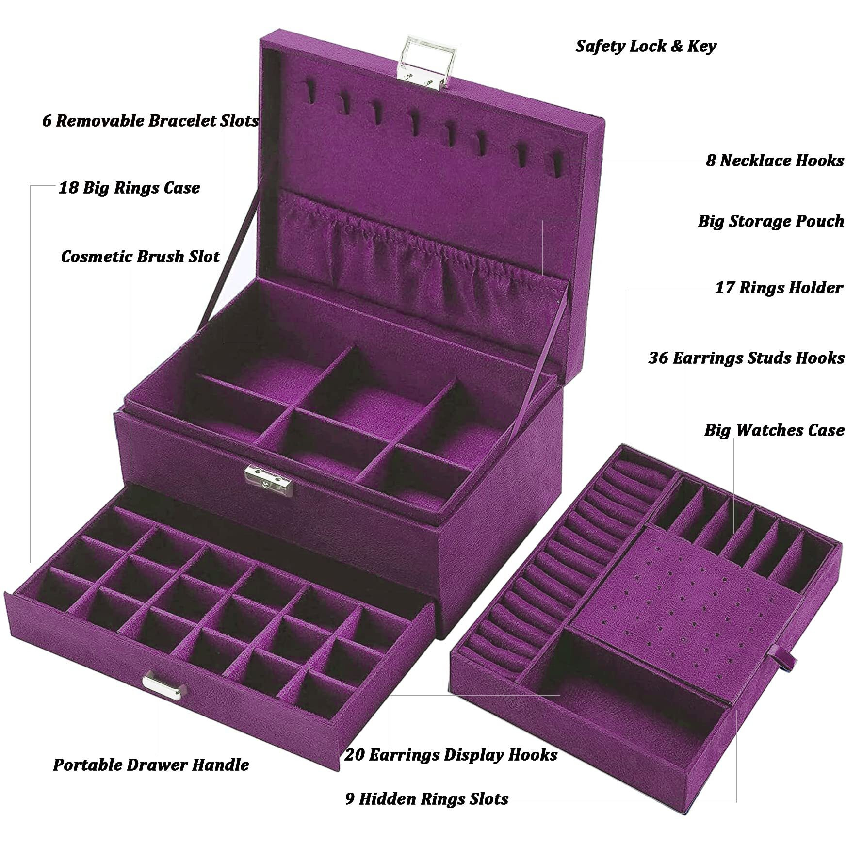 Qbestry Jewelry Boxes For Women Purple Velvet Jewelry Organizer With Lock,Large Jewelry Box Organizer For Women Earring Jewelry Holder Organizer Jewelry Box For Necklaces And Earrings Rings Bracelets