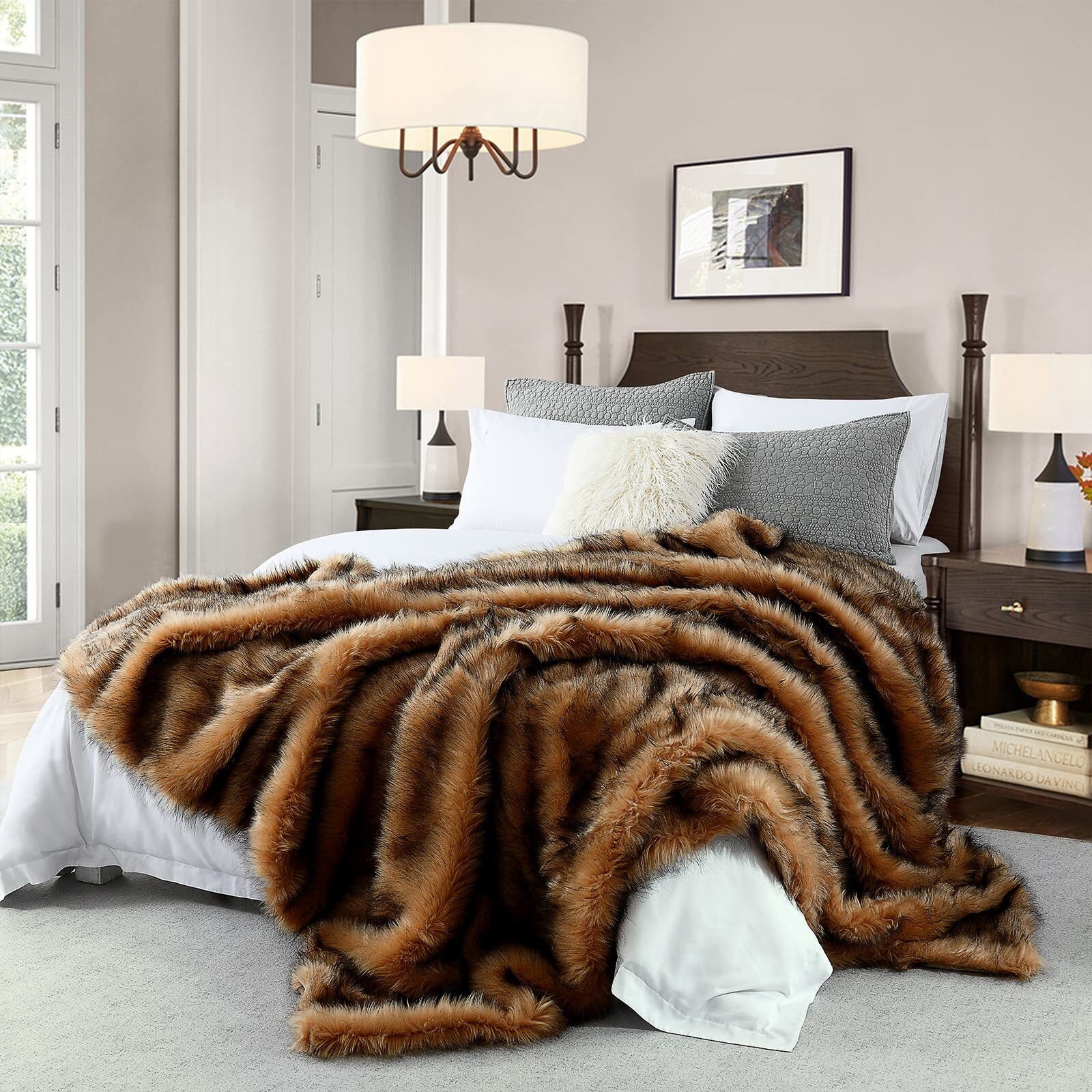 Luxury Plush Faux Fur Blanket King Size, Long Pile Brown With Black Tipped Blanket, Oversized Super Warm, Fuzzy, Elegant, Fluffy Decoration Blanket Scarf For Sofa, Armchair, Couch And Bed, 104"&quotX90""