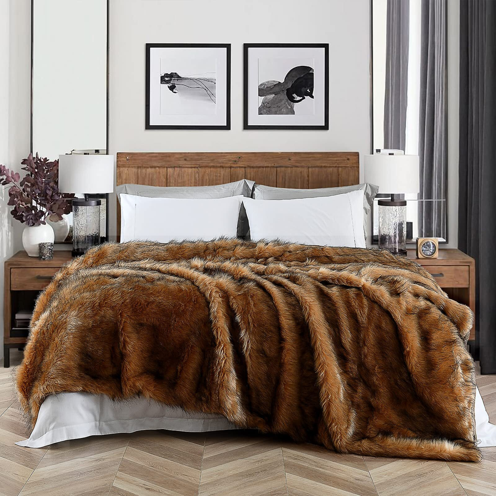 Luxury Plush Faux Fur Blanket King Size, Long Pile Brown With Black Tipped Blanket, Oversized Super Warm, Fuzzy, Elegant, Fluffy Decoration Blanket Scarf For Sofa, Armchair, Couch And Bed, 104"&quotX90""