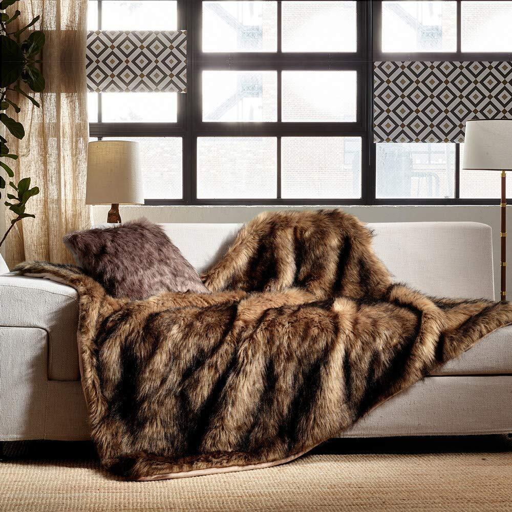 Luxury Plush Faux Fur Blanket King Size, Long Pile Brown With Black Tipped Blanket, Oversized Super Warm, Fuzzy, Elegant, Fluffy Decoration Blanket Scarf For Sofa, Armchair, Couch And Bed, 104"&quotX90""