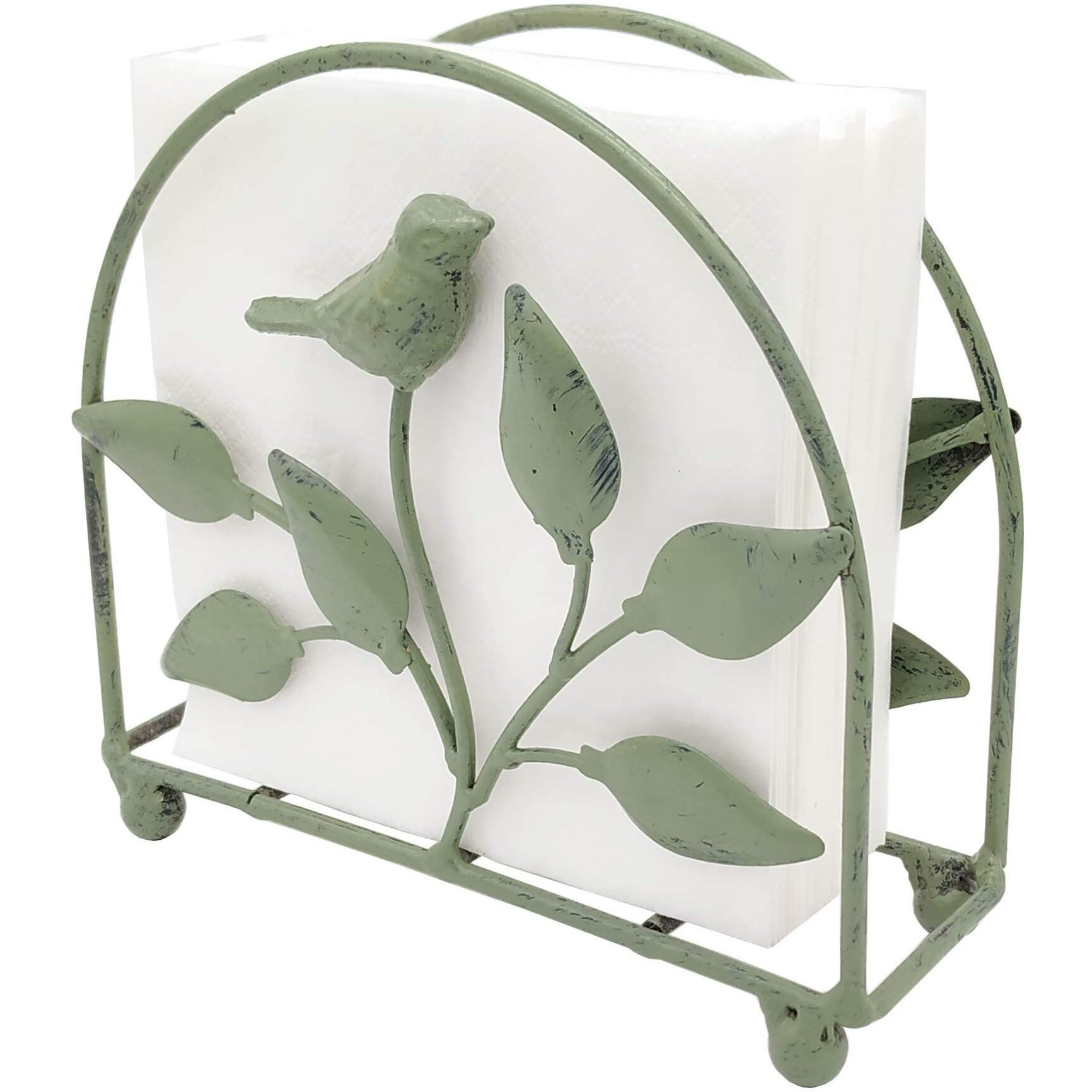Cast Iron Bird & Tree Classic Napkin Holder/Tabletop Freestanding Tissue Dispenser, Rustic Green