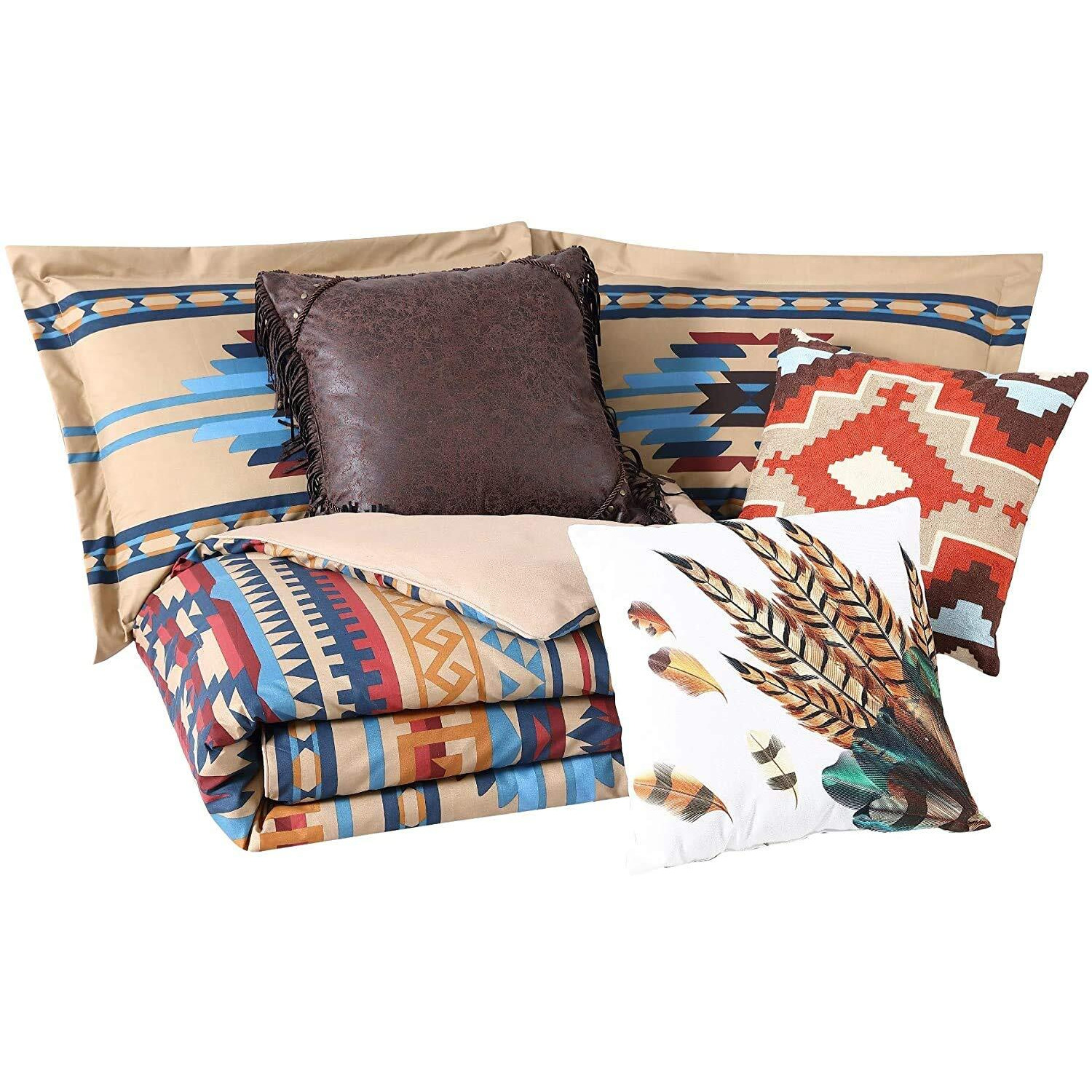Chezmoi Collection Wyoming 7-Piece Southwestern Geometric Tribal Comforter Set - Printed Multicolor Beige Brown Blue Red Bedding Set, King