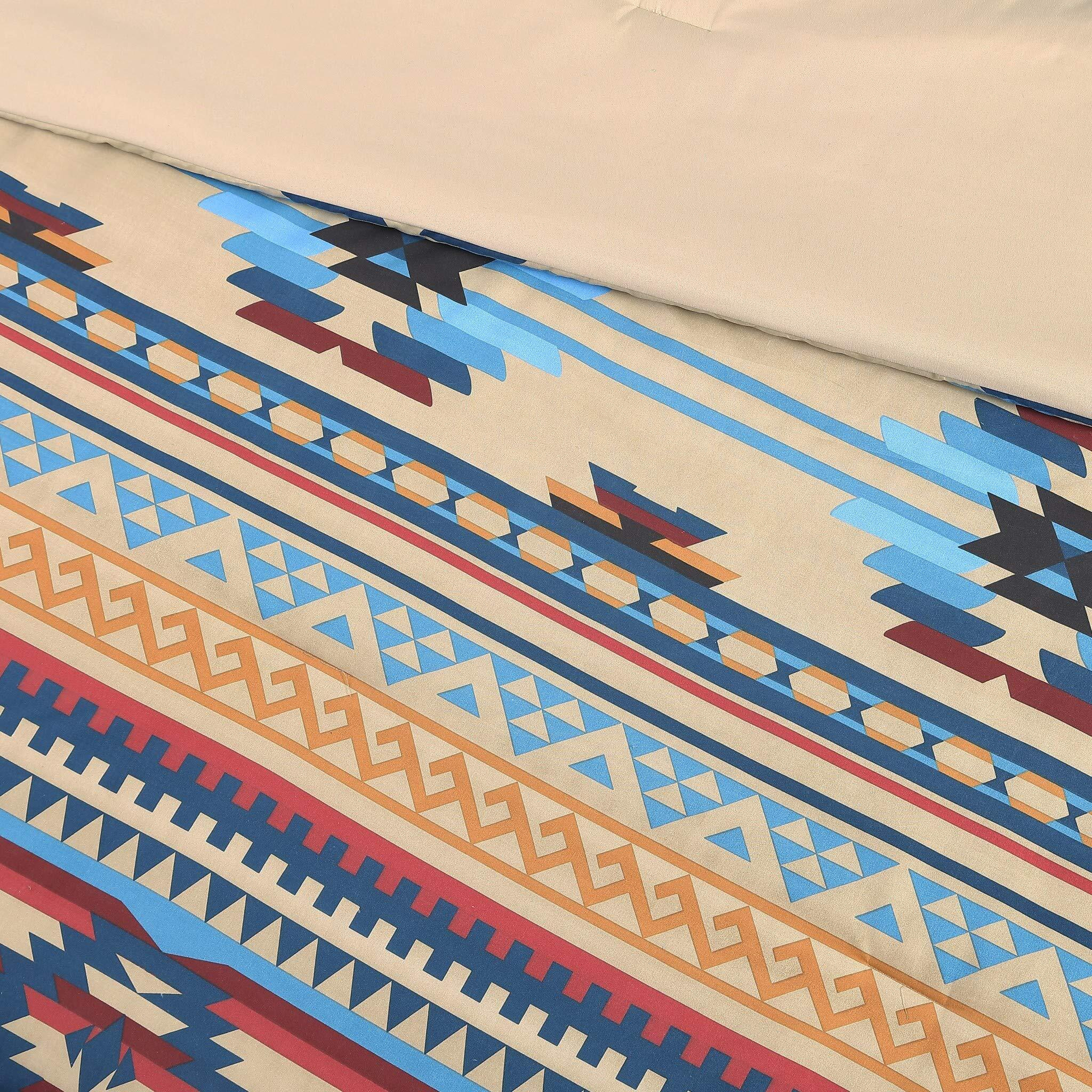 Chezmoi Collection Wyoming 7-Piece Southwestern Geometric Tribal Comforter Set - Printed Multicolor Beige Brown Blue Red Bedding Set, King