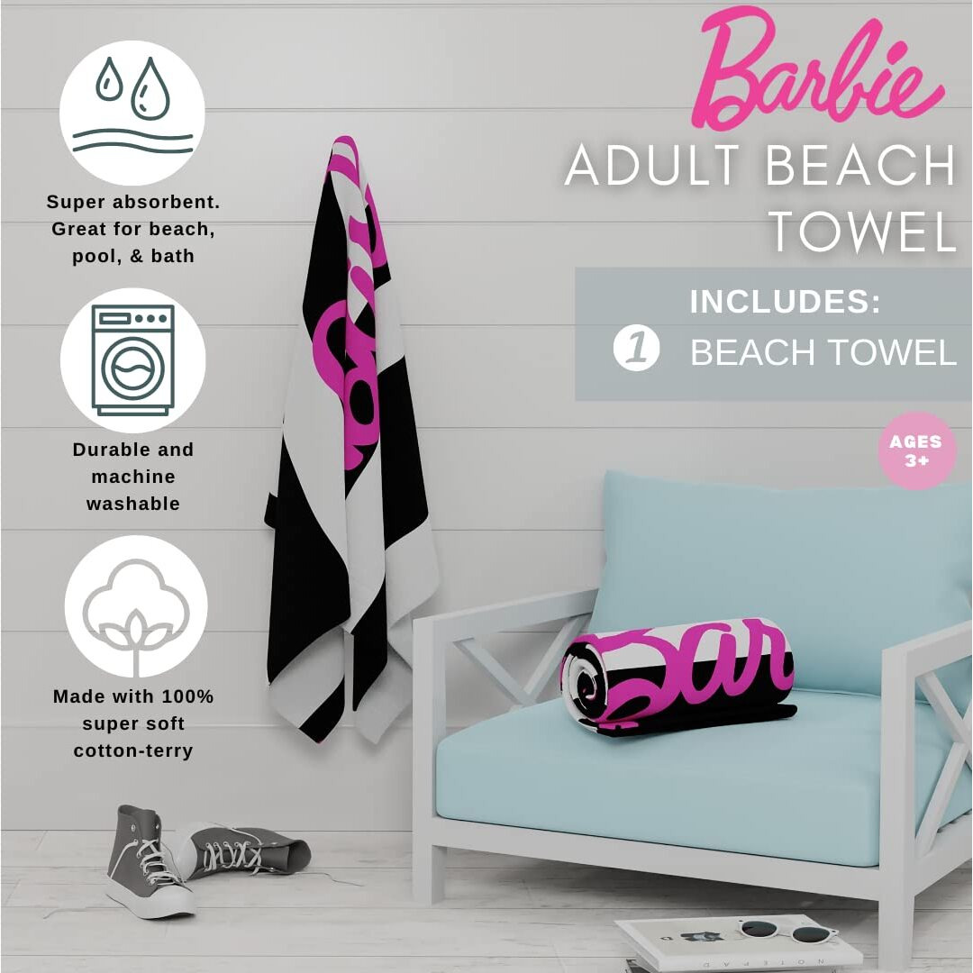 Franco Barbie Barbiecore Black & White Striped Soft Cotton Bath/Pool/Beach Towel, 60 In X 30 In, (Official Licensed Barbie Product)
