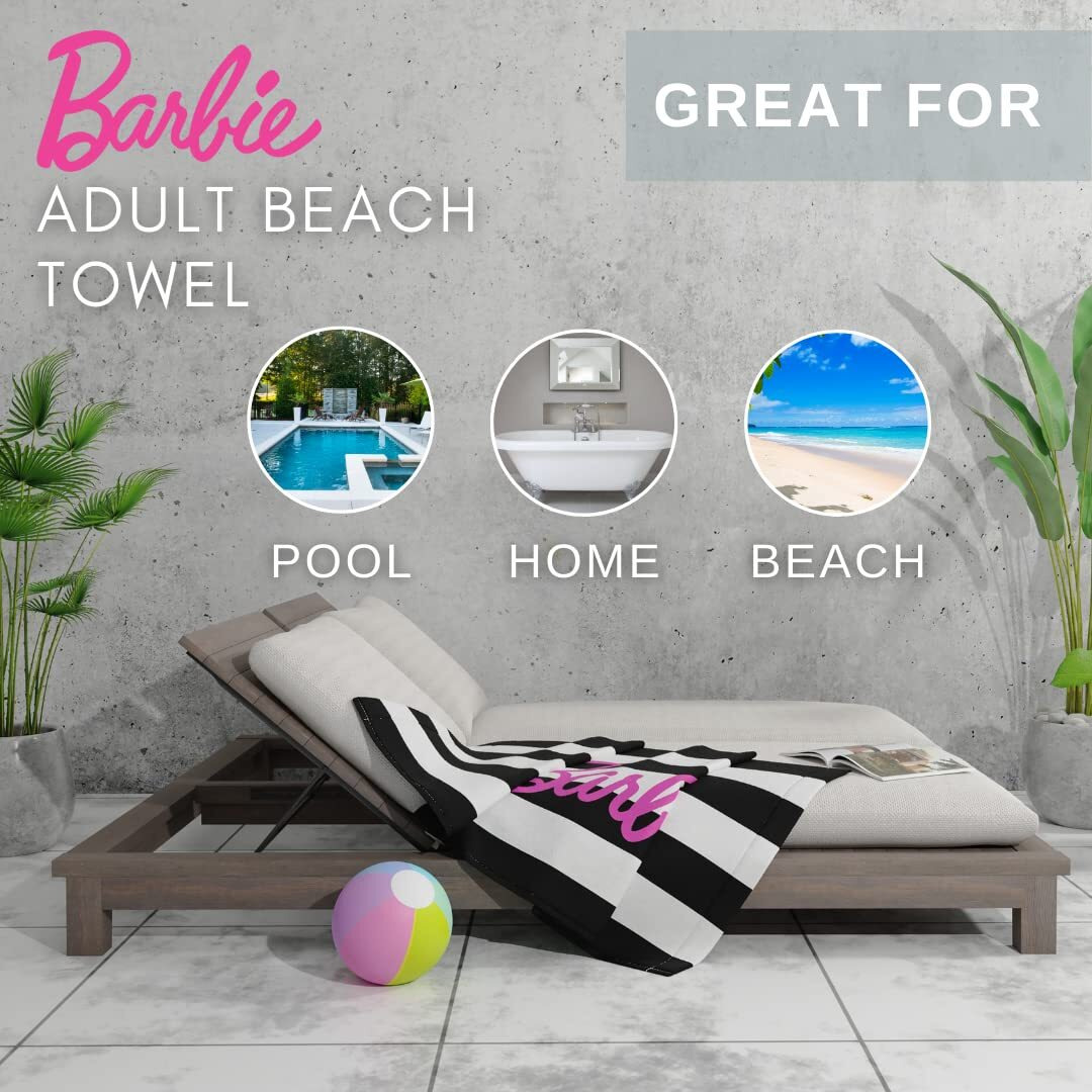 Franco Barbie Barbiecore Black & White Striped Soft Cotton Bath/Pool/Beach Towel, 60 In X 30 In, (Official Licensed Barbie Product)