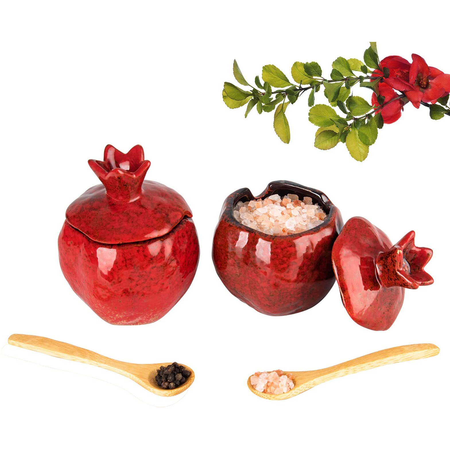 Gabroc Salt Cellar Salt Box 2 Pcs Salt Container Salt Pig Red Salt Bowl Salt Cellar With Lid Spoon Ceramic Pomegranate Shaped