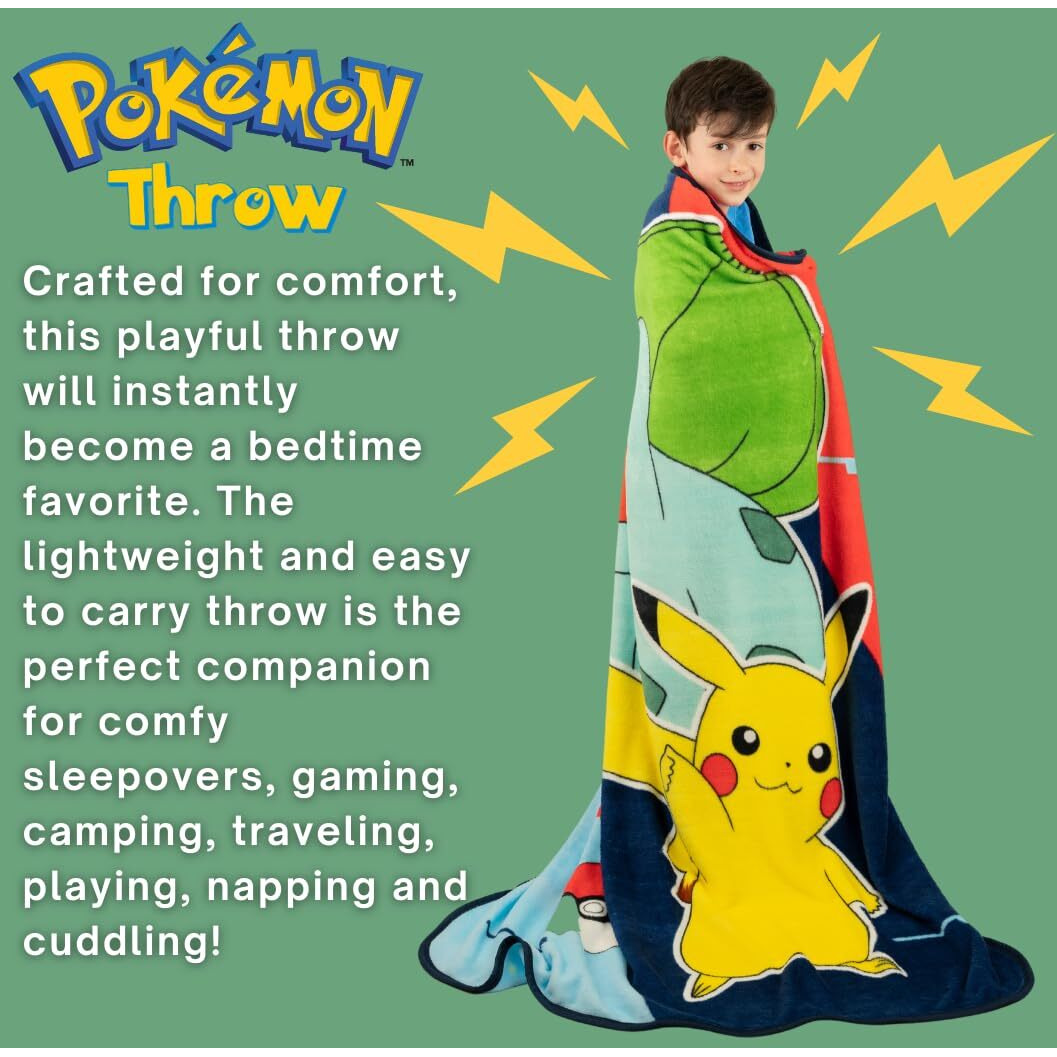 Franco Pokemon Anime Pikachu And Bulbasaur Kids Bedding Super Soft Micro Raschel Throw, 46 In X 60 In, (Official Licensed Product)