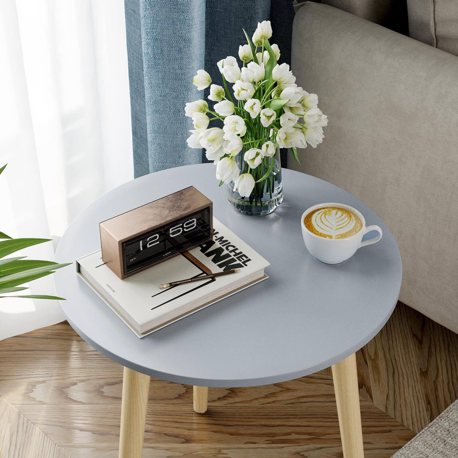 Apicizon Round Side Table, Blue Grey End Table For Small Spaces, Nursery Round Side Table Small Bedside Tables Living Room, Bedroom, 16.5 X 20.5 Inches