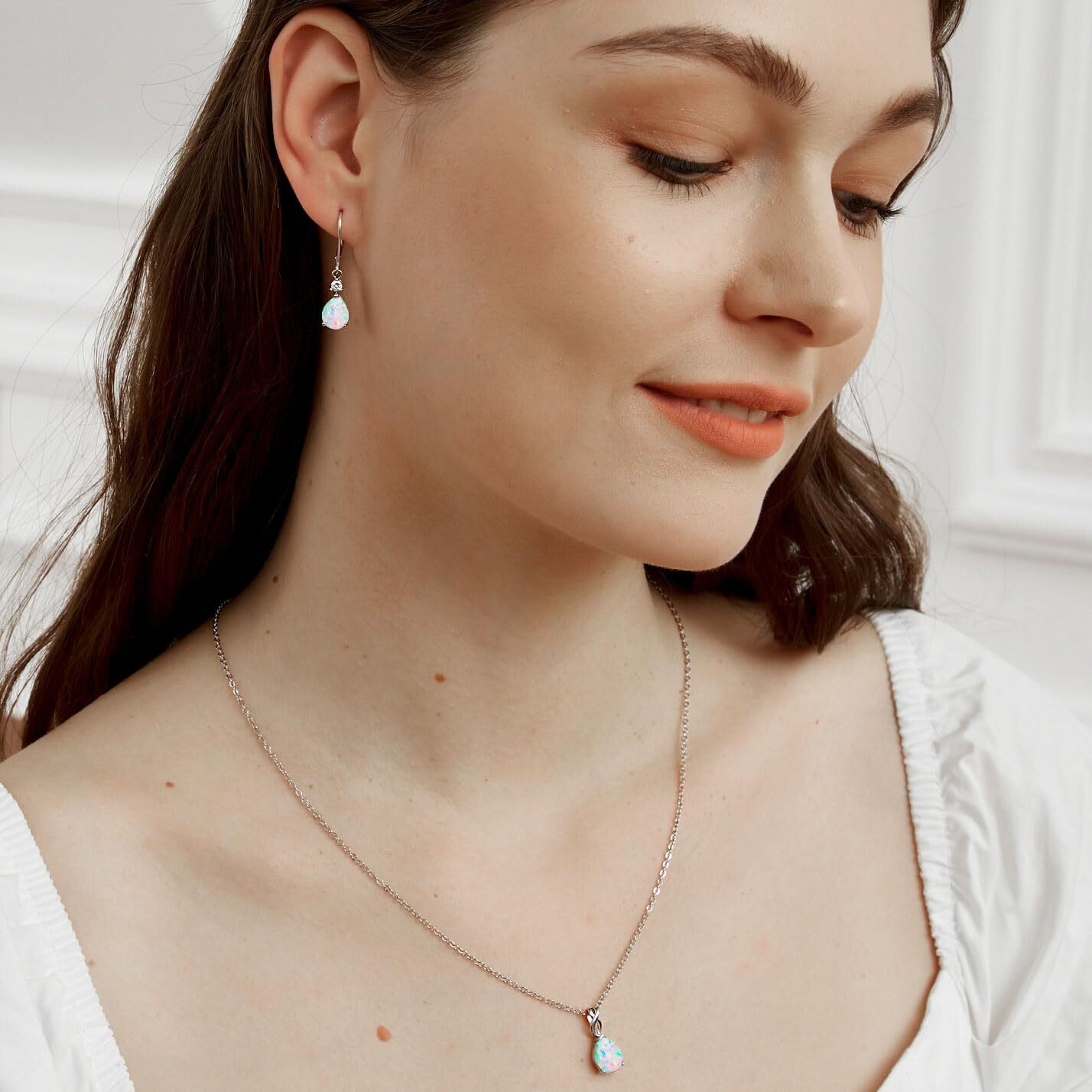 925 Sterling Silver Created White Fire Opal Birthstone Teardrop Earrings Drop Dangly Earring Leverback Hypoallergenic Jewelry For Women Girls