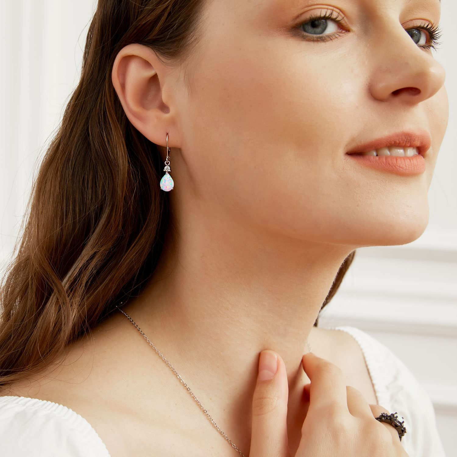 925 Sterling Silver Created White Fire Opal Birthstone Teardrop Earrings Drop Dangly Earring Leverback Hypoallergenic Jewelry For Women Girls