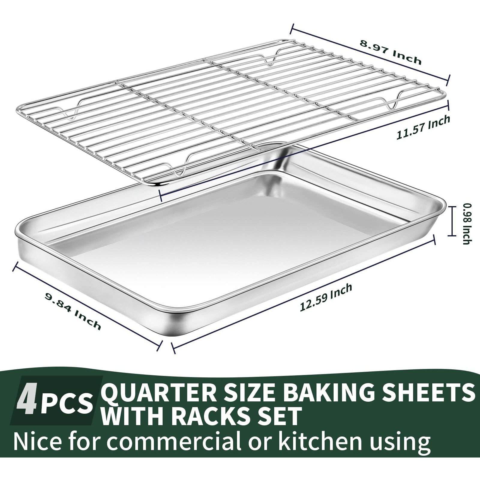 Quarter Sheet Pan With Wire Rack Set [2 Baking Sheets + 2 Cooling Racks], Cekee Stainless Steel Cookie Sheets For Baking With Baking Rack, Nonstick Heavy Duty & Dishwasher Safe, Size 12 X 10 X 1 Inch