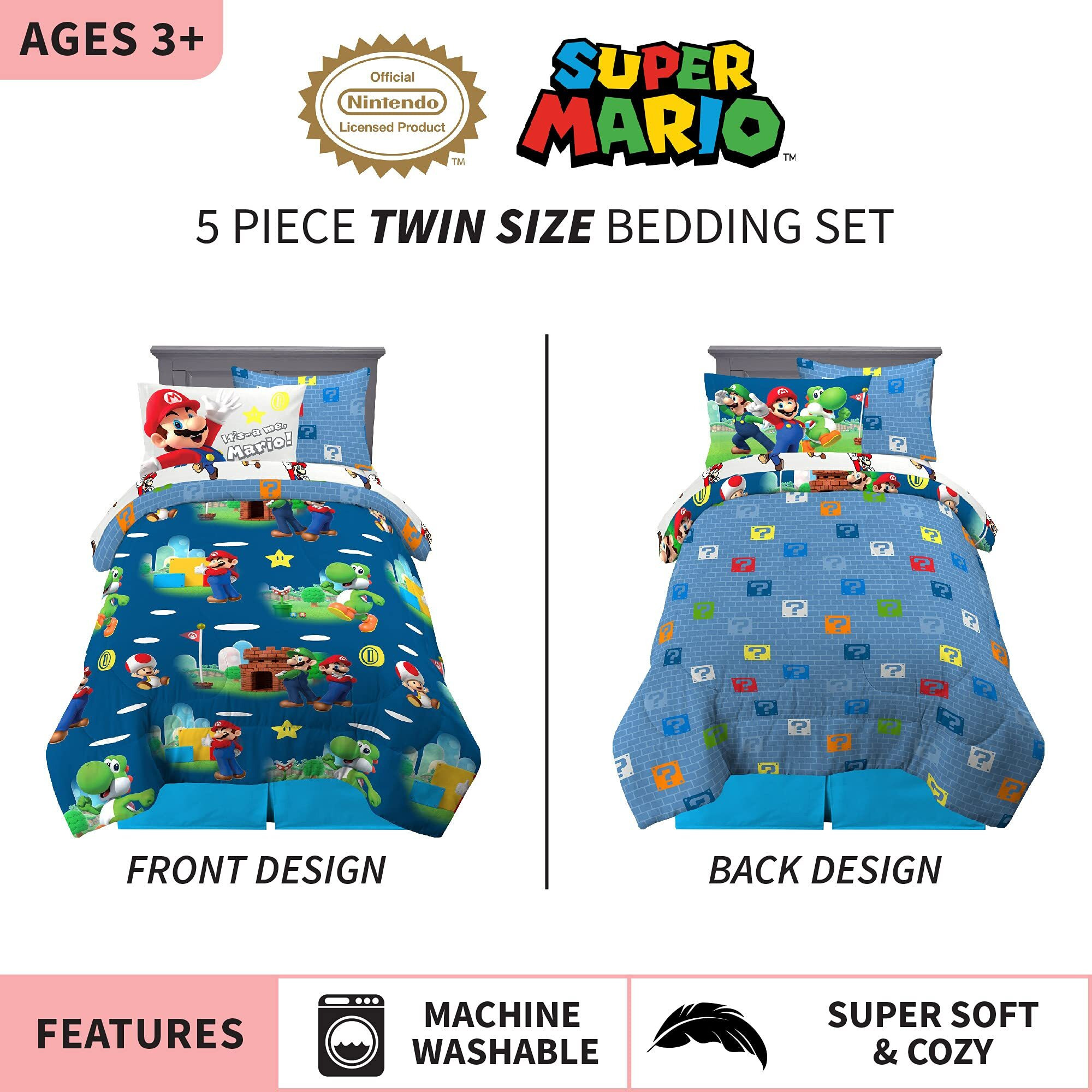 Franco Kids Bedding Super Soft Comforter And Sheet Set With Sham, 5 Piece Twin Size, Mario