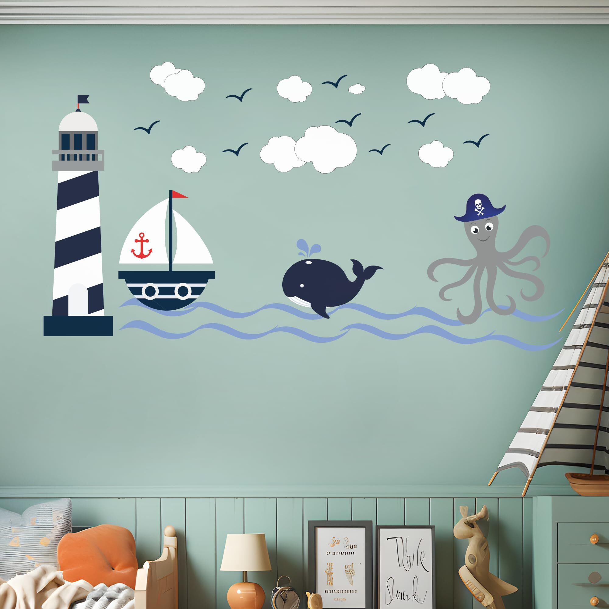 Lighthouse, Whale And Octopus Wall Decal I Kids Bedroom Decor I Nautical Decorations I Nautical Classroom Decor I Nautical Party Decorations I Kids Room I Multiple Size Options (Wide 50"" X 28"" Height)