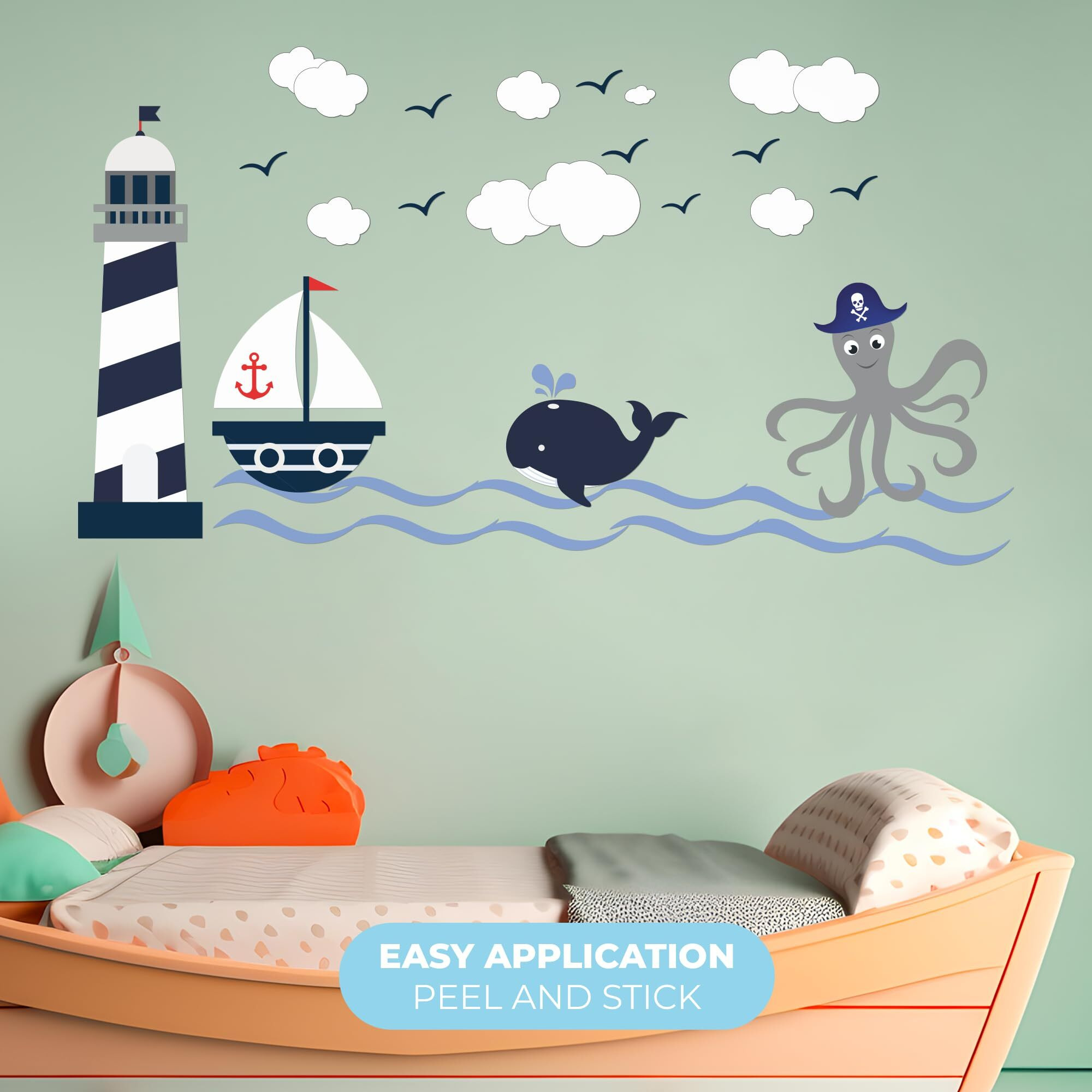 Lighthouse, Whale And Octopus Wall Decal I Kids Bedroom Decor I Nautical Decorations I Nautical Classroom Decor I Nautical Party Decorations I Kids Room I Multiple Size Options (Wide 50"" X 28"" Height)