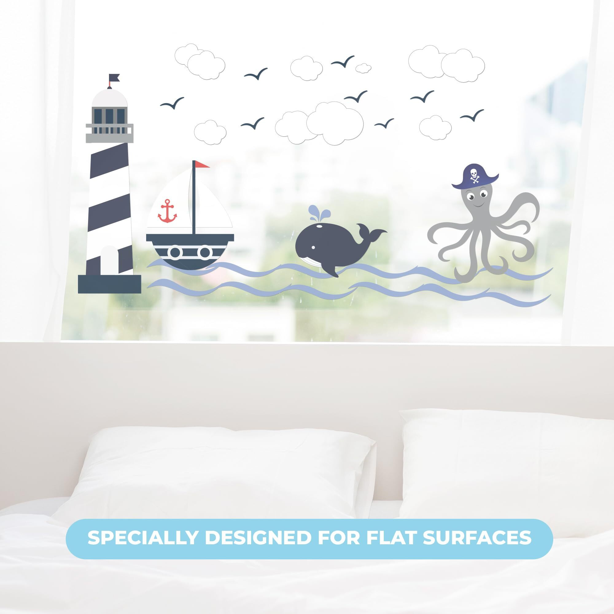 Lighthouse, Whale And Octopus Wall Decal I Kids Bedroom Decor I Nautical Decorations I Nautical Classroom Decor I Nautical Party Decorations I Kids Room I Multiple Size Options (Wide 50"" X 28"" Height)