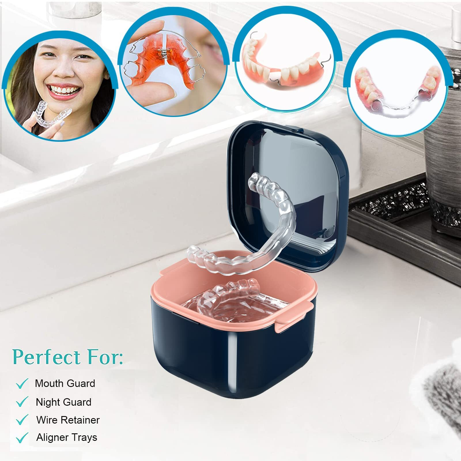 Whoobell Denture Cup,Retainer Case,Cute Night Mouth Guard Box Holder, Storage Soak Container With Strainer Basket For Travel Cleaning.(1 Pack,Blue)