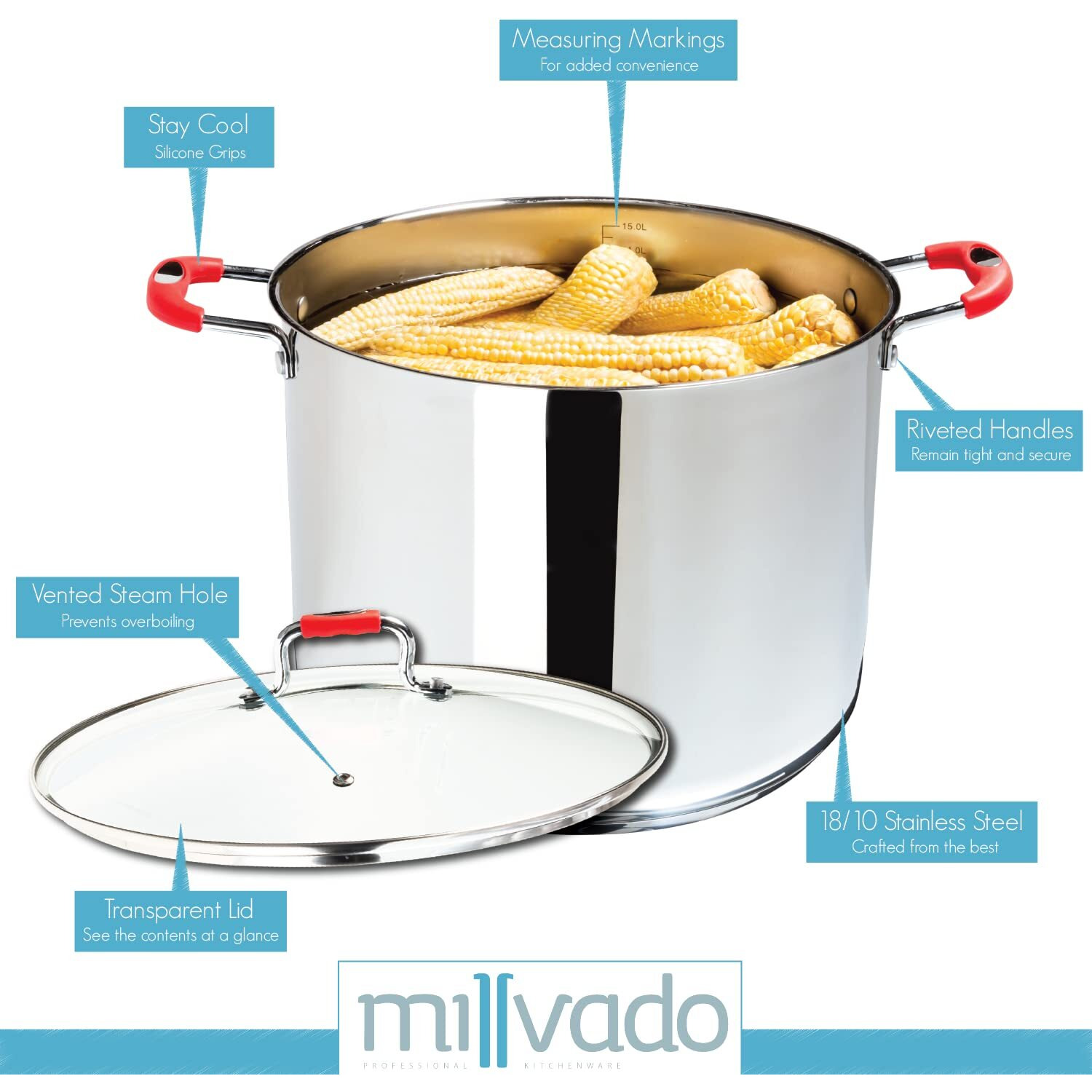 Millvado Stock Pot, Large Stainless Steel 11 Quart Stockpot, Large Cooking Pot, Clear Glass Lid And Measurement Markings, Steam Hole, Induction, Gas, Electric Compatible Big Boiling Pot