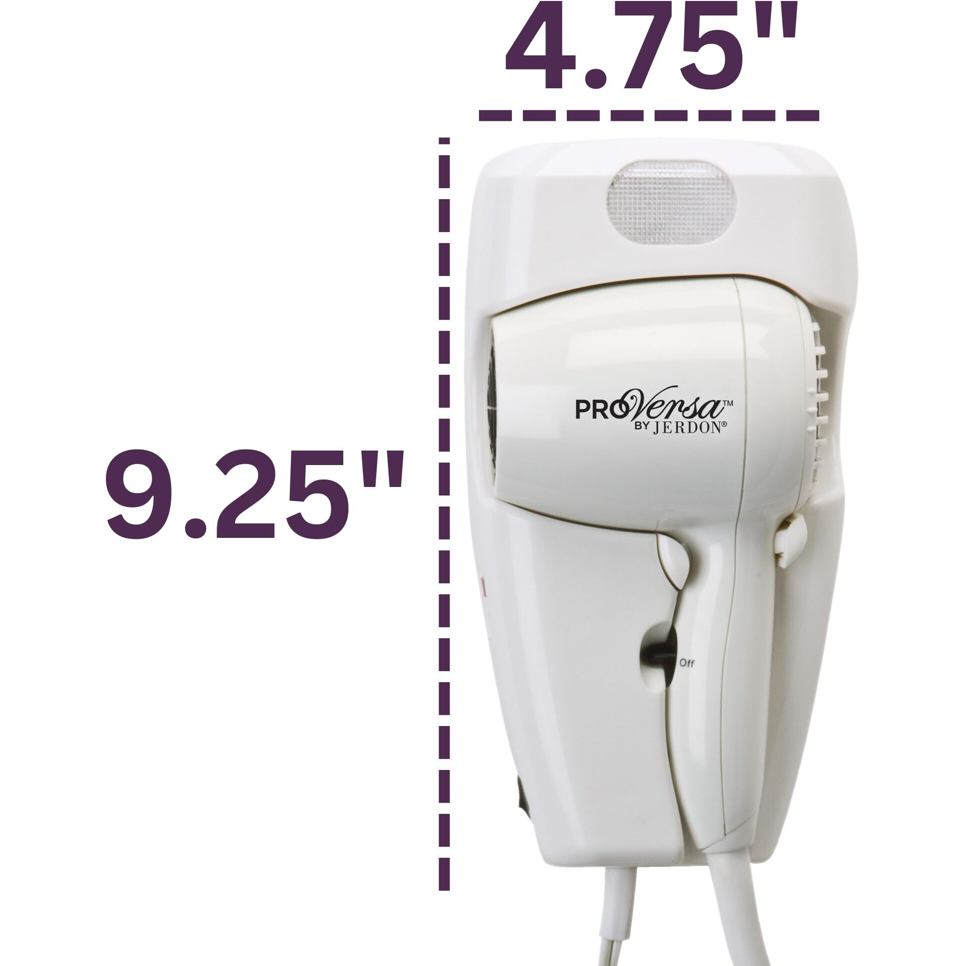 Jerdon Wall-Mount Hair Dryer - White Plug-In Hair Dryer With 32"" Power Cord - Hotel Style Wall Mounted Hair Dryer - Jwm8C